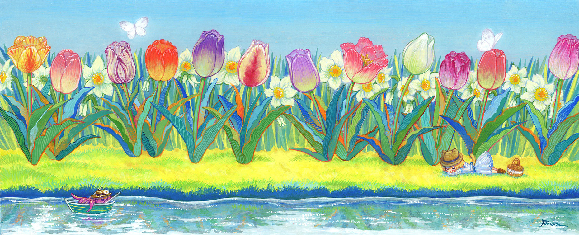 〈おひさま かぜ みず、いのち〉2024.4制作/130×330mm/使用画材：アクリル、アクリルガッシュ、雲母（個人蔵）