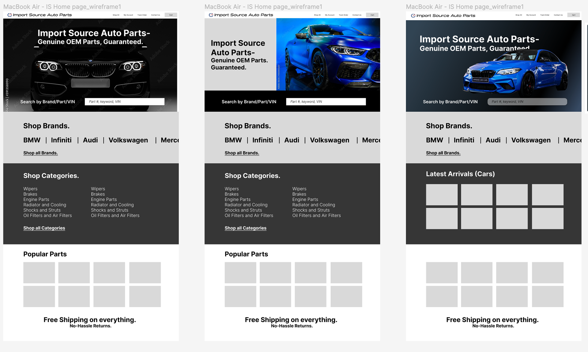 Wireframes for an Auto Parts website