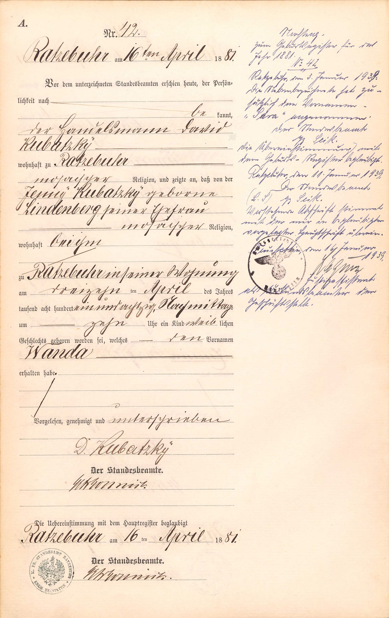 (c) Ancestry - In November 2020, I suddenly came across this document on a family research platform. It is Wanda Kubatzkÿ's birth certificate. My search is picking up speed.
