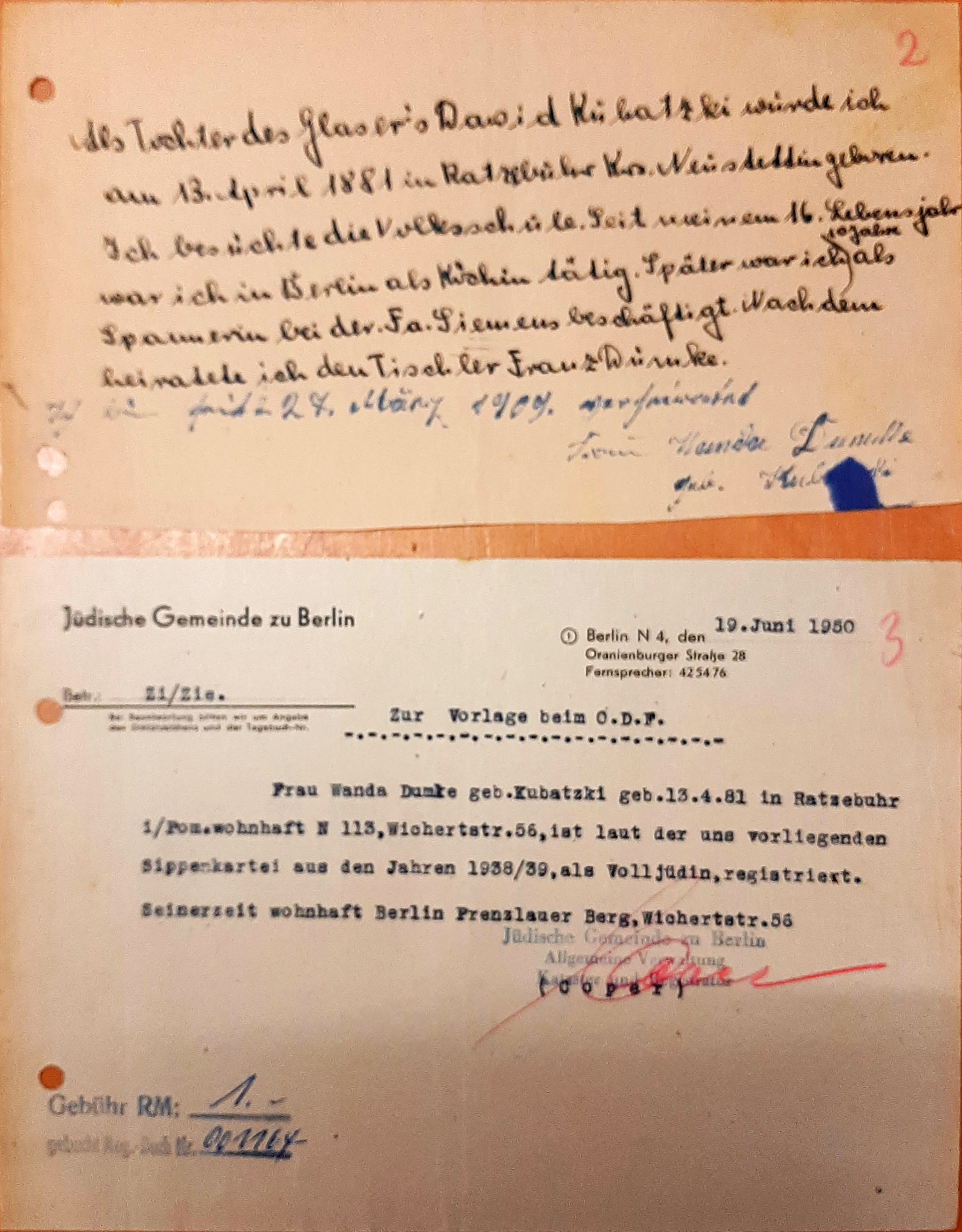Only about 6,500 Jewish Berliners survived the Holocaust in Berlin. In the membership directory of the Jewish Community of Berlin (as of July 1, 1947), Wanda Dumke, née Kubatzkÿ (or Kabatzky, as she is written there), is listed as a living member. She is therefore one of the few survivors. She was probably saved by her “privileged mixed marriage” with her husband Franz. Same address is given as before the war.