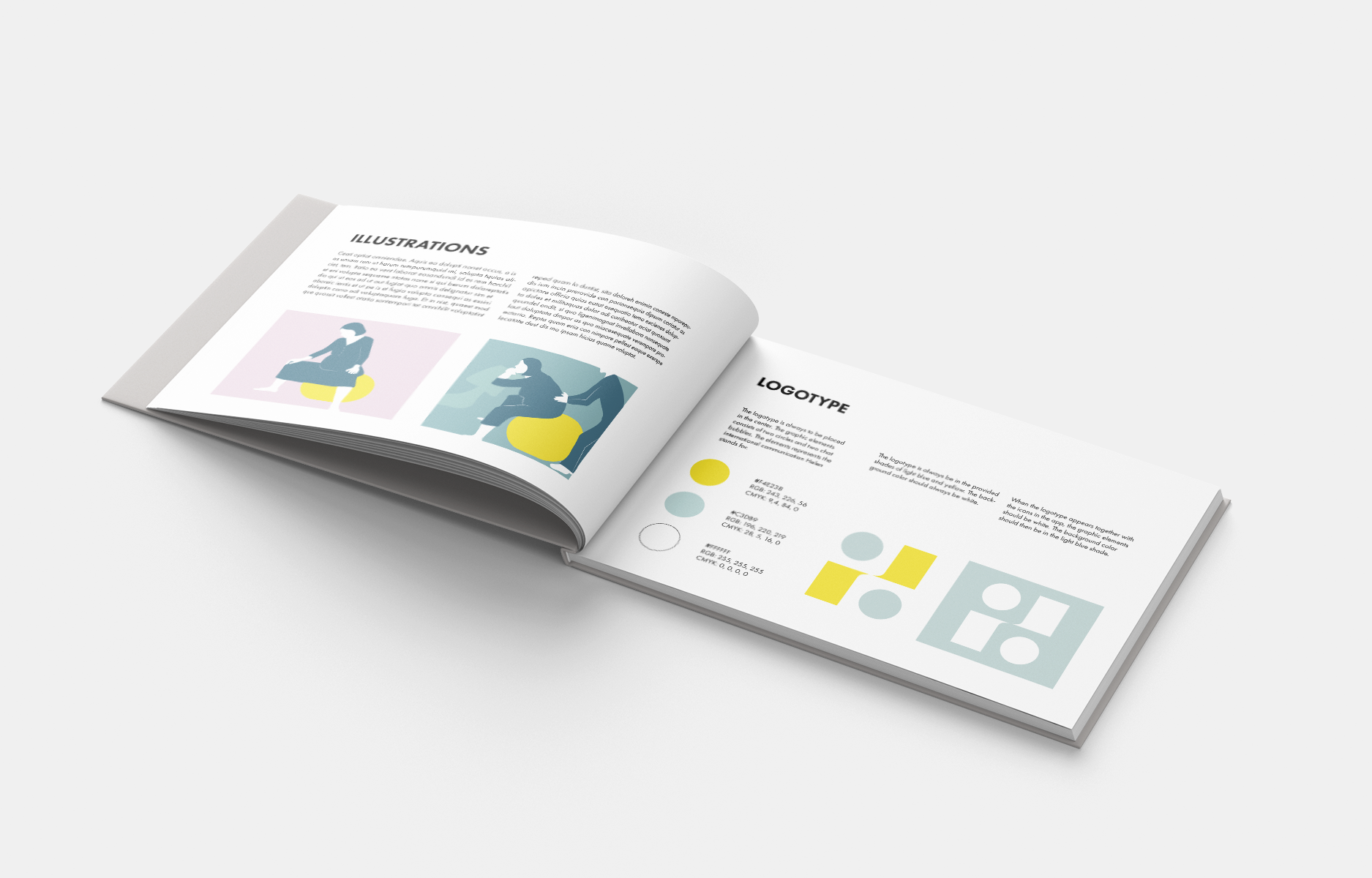 Brand book för Helen, illustrationer och primärfärger samt logotyper.