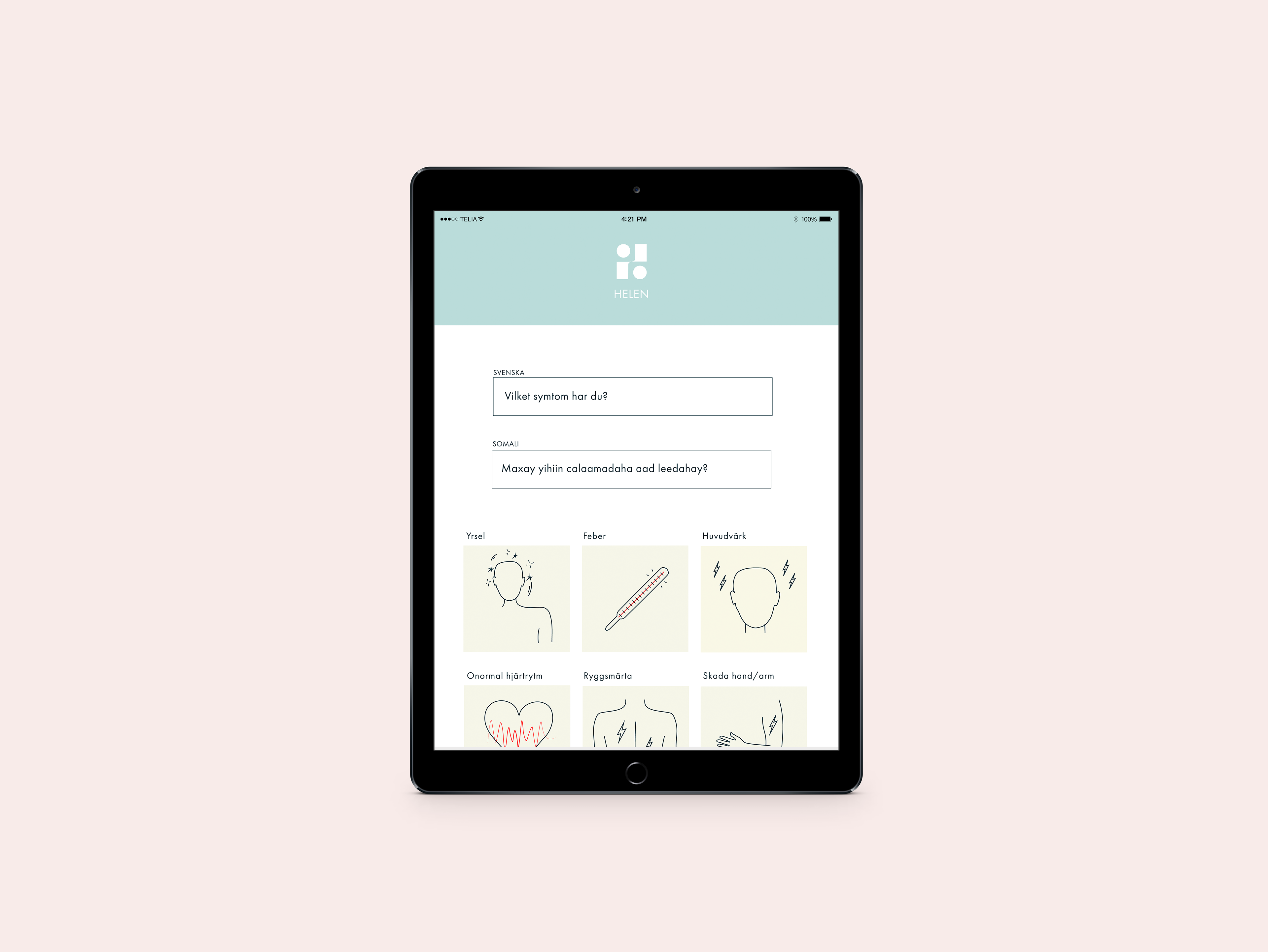 Mock-up för hur appens UI kan se ut med vårt förslag på grafisk profil.