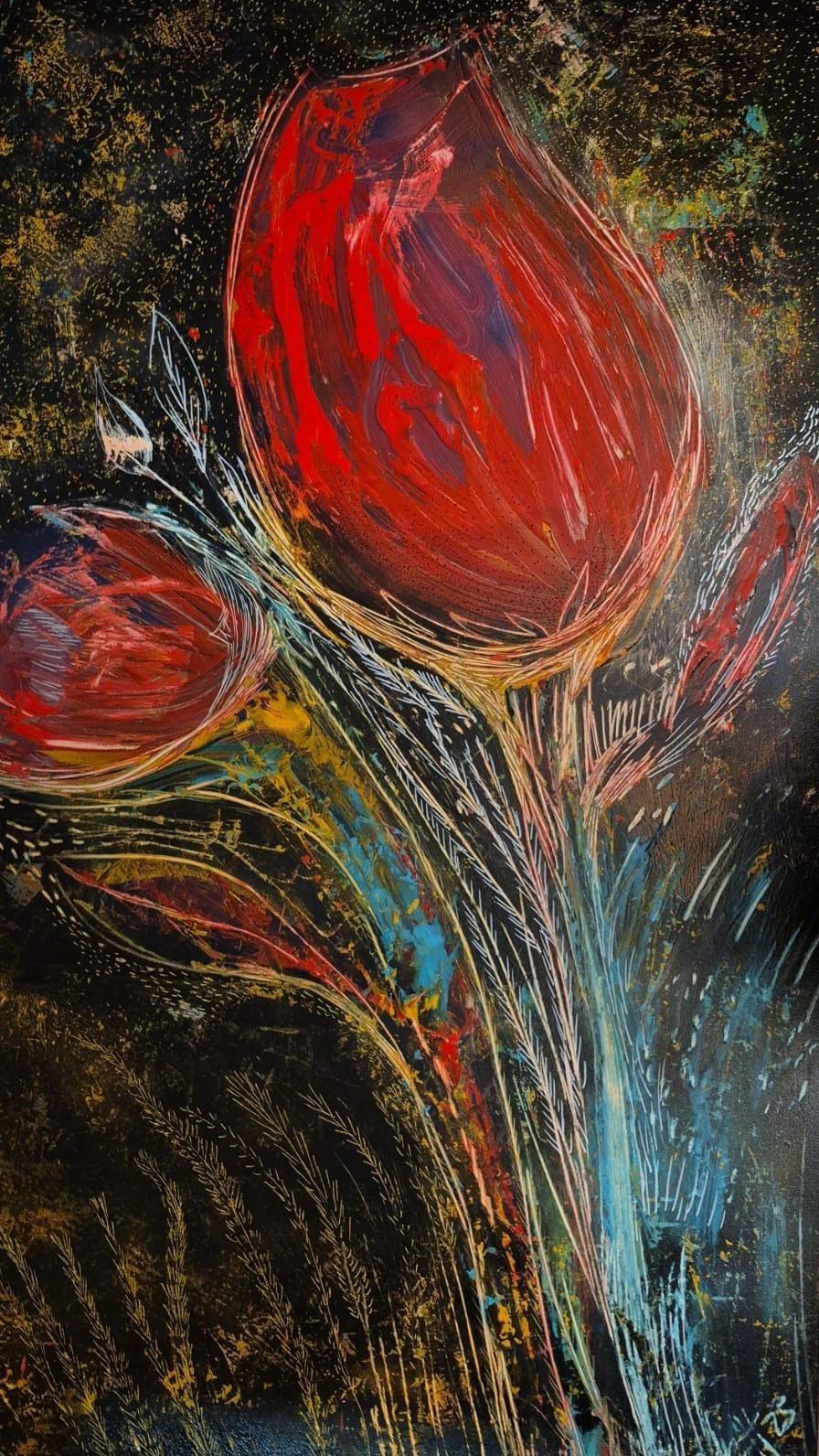 Flores solares en medio de la noche 150x 100 cms. 2025