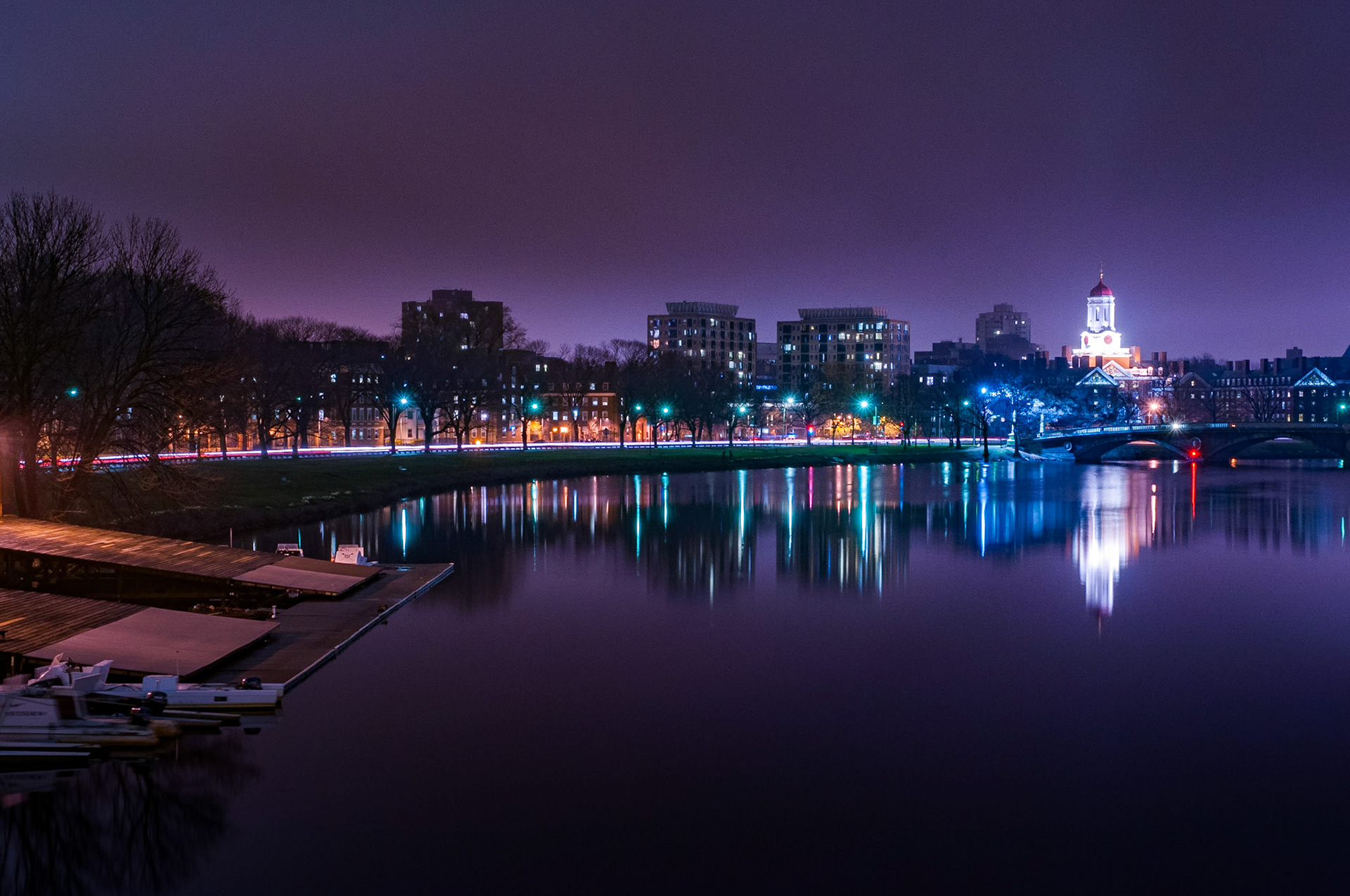 View from Andersen Memorial Bridge at night, back towards upperclassmen dormitories at Harvard University. Photo taken by Dean Shu.