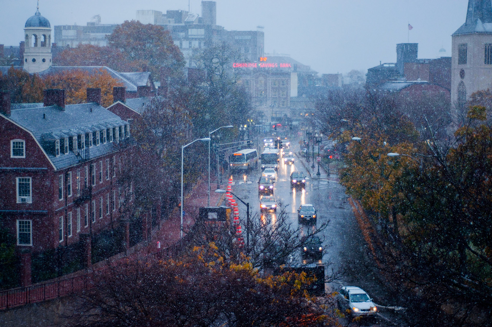 Massachusetts Avenue along Harvard University, taken during snow. View from Littauer Building. Photo taken by Dean Shu.