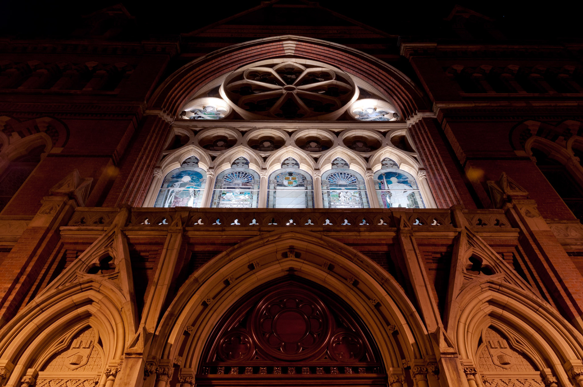 Exterior of Sanders Hall at night. Photo taken by Dean Shu.