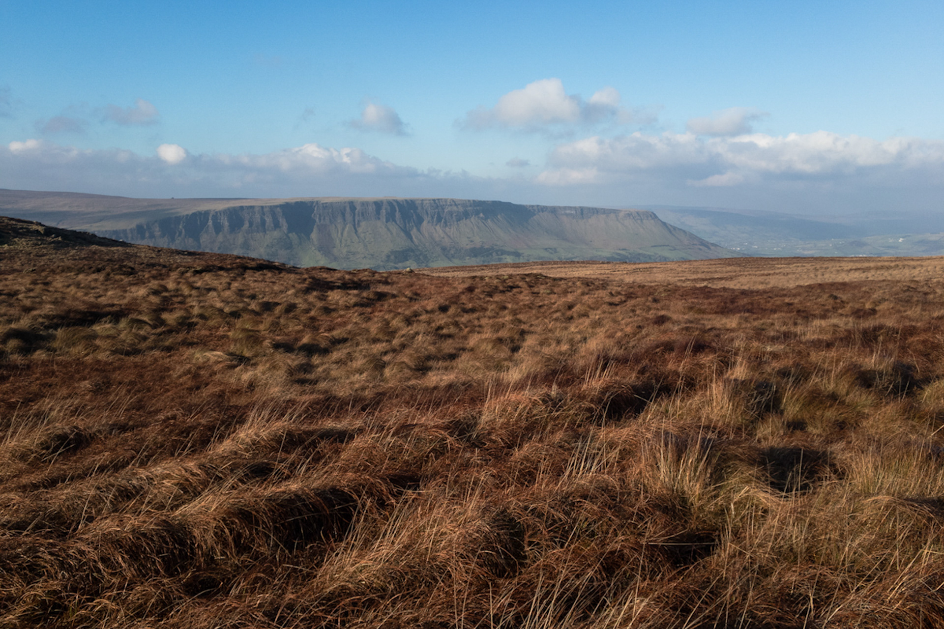 Distant view of the flat-topped profile of Lurigethan Mountain in County Antrim, photographed across the golden, tussocky bogland of the Garron Plateau under a clear blue sky with light clouds.