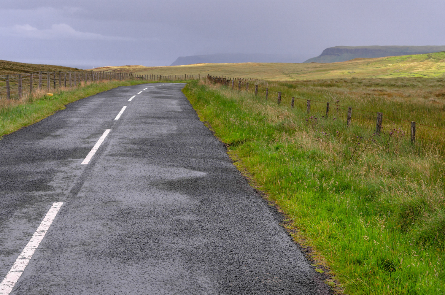A winding, empty road cuts through green moorland and fields in the Irish countryside.