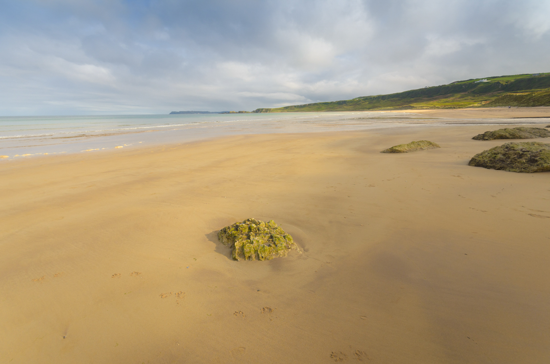Whitepark Bay: Pristine sandy beach framed by green headlands and the ocean under a clear sky.