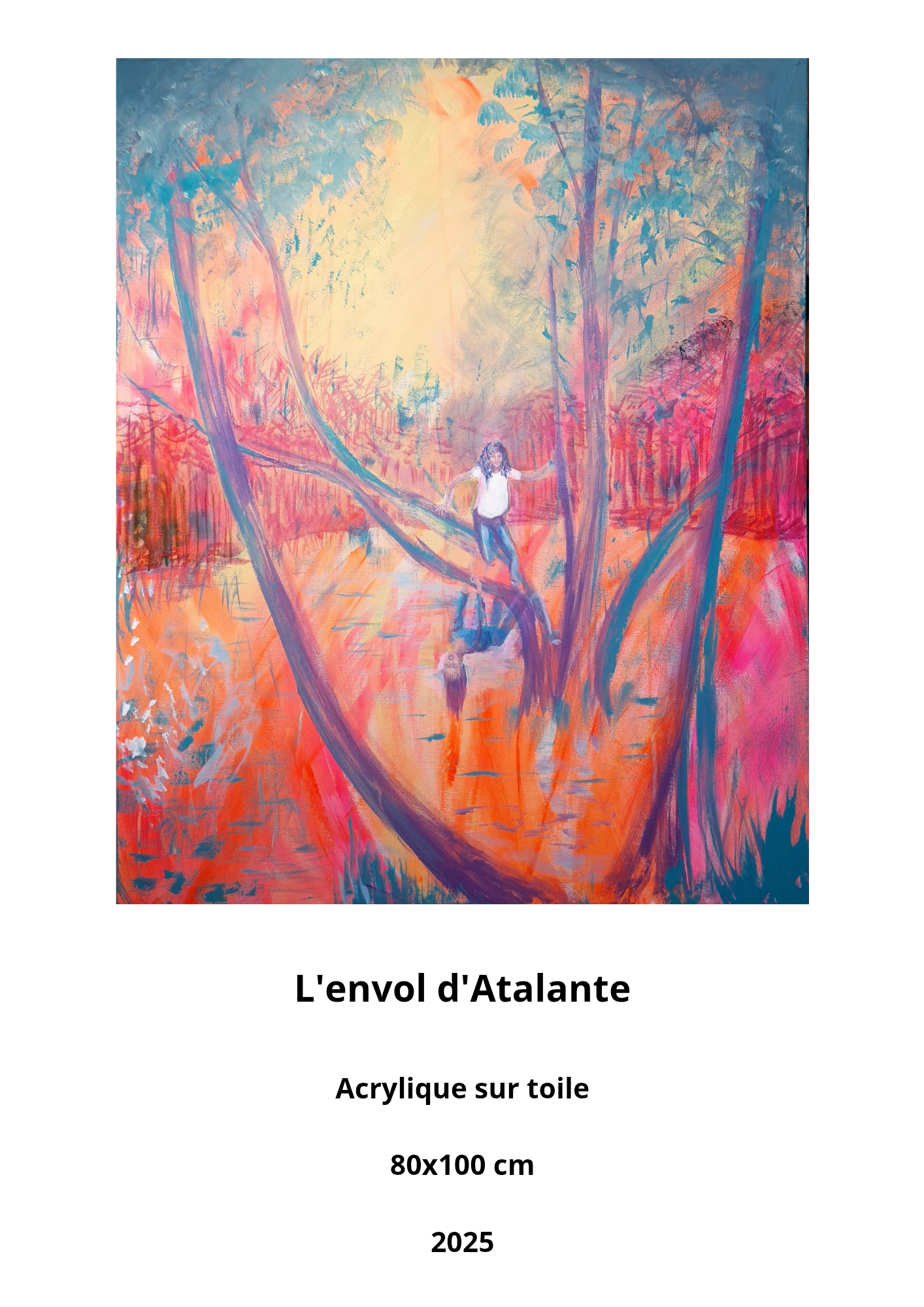 L’envol d’Atalante – Un Hymne à l’Adolescence et à la Liberté 🌿 Acrylique sur toile | 80x100 cm | 2025  Dans un sous-bois baigné de lumière, une jeune fille s’élance sur une branche, défiant son propre reflet dans le lac en contrebas. "L’envol d’Atalante" capture cet instant charnière entre l’enfance et l’adolescence, un moment de bascule où le jeu et l’insouciance laissent place à l’affirmation de soi et au goût du défi.  À travers une palette acidulée et vibrante, cette œuvre évoque l’explosion des émotions, la quête de liberté et la magie des souvenirs d’enfance. Fidèle à mon univers, je peins des enfants joyeux évoluant dans une nature poétique, où chaque tableau devient une pépite de joie, une friandise visuelle éveillant nos sens comme les bonbons sucrés de notre enfance.