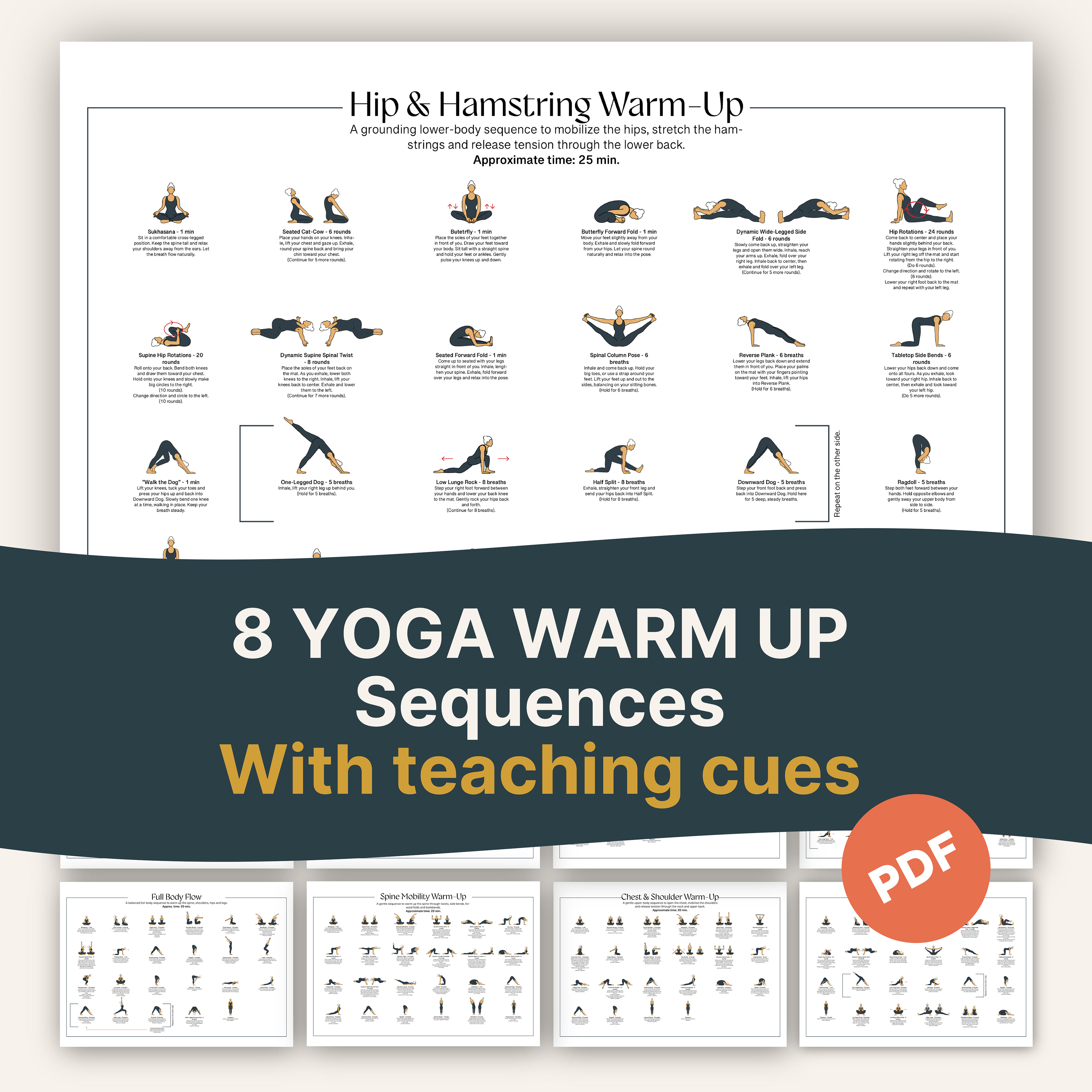 Inside of the manual showcasing an illustrated yoga flow for hip and hamstring warm up sequence, with teaching cues under each asana