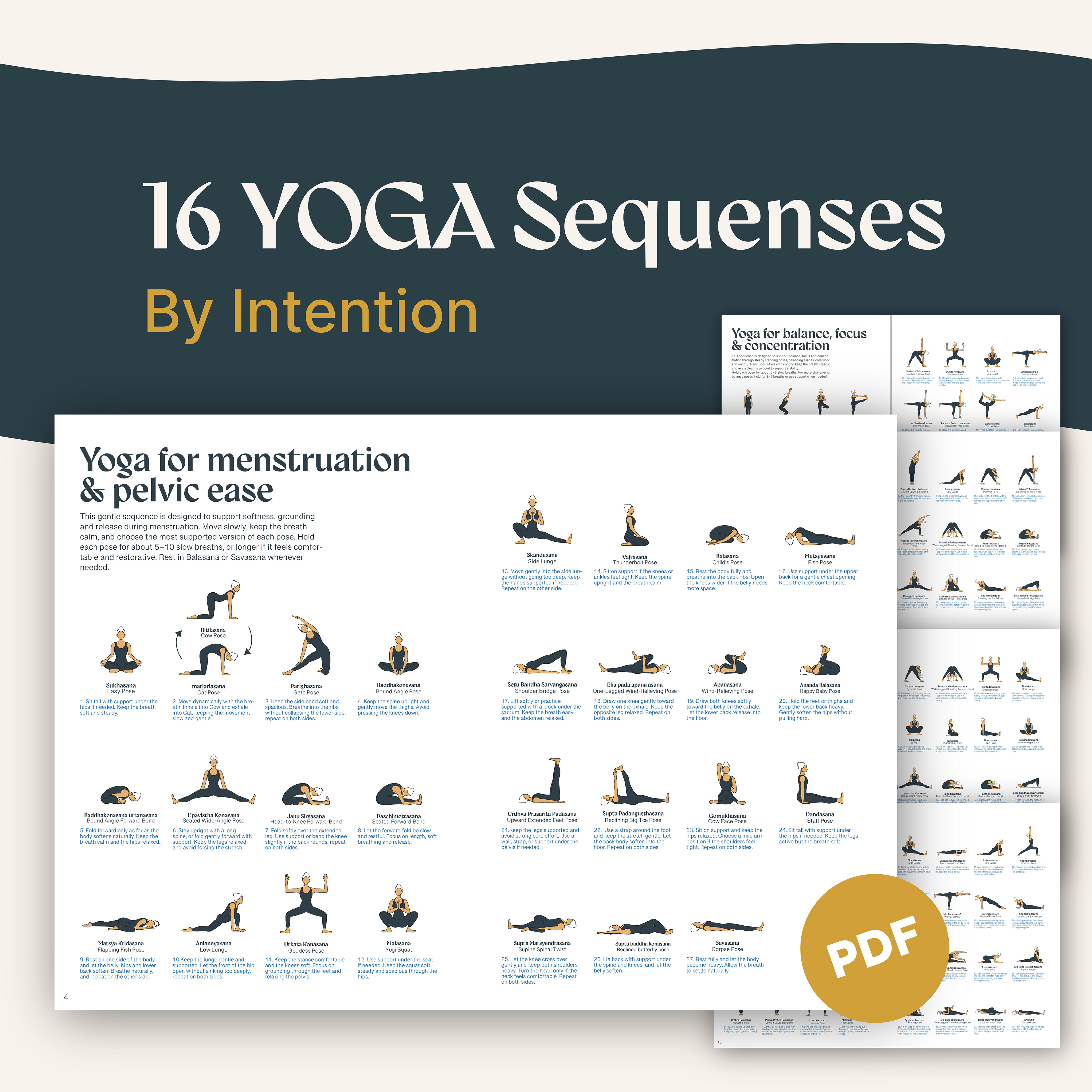 Inside of the manual showcasing one of the yoga sequences: Yoga for menstrualtion and pelvic ease. Illustrated asanas with guide and teaching cues for each pose.
