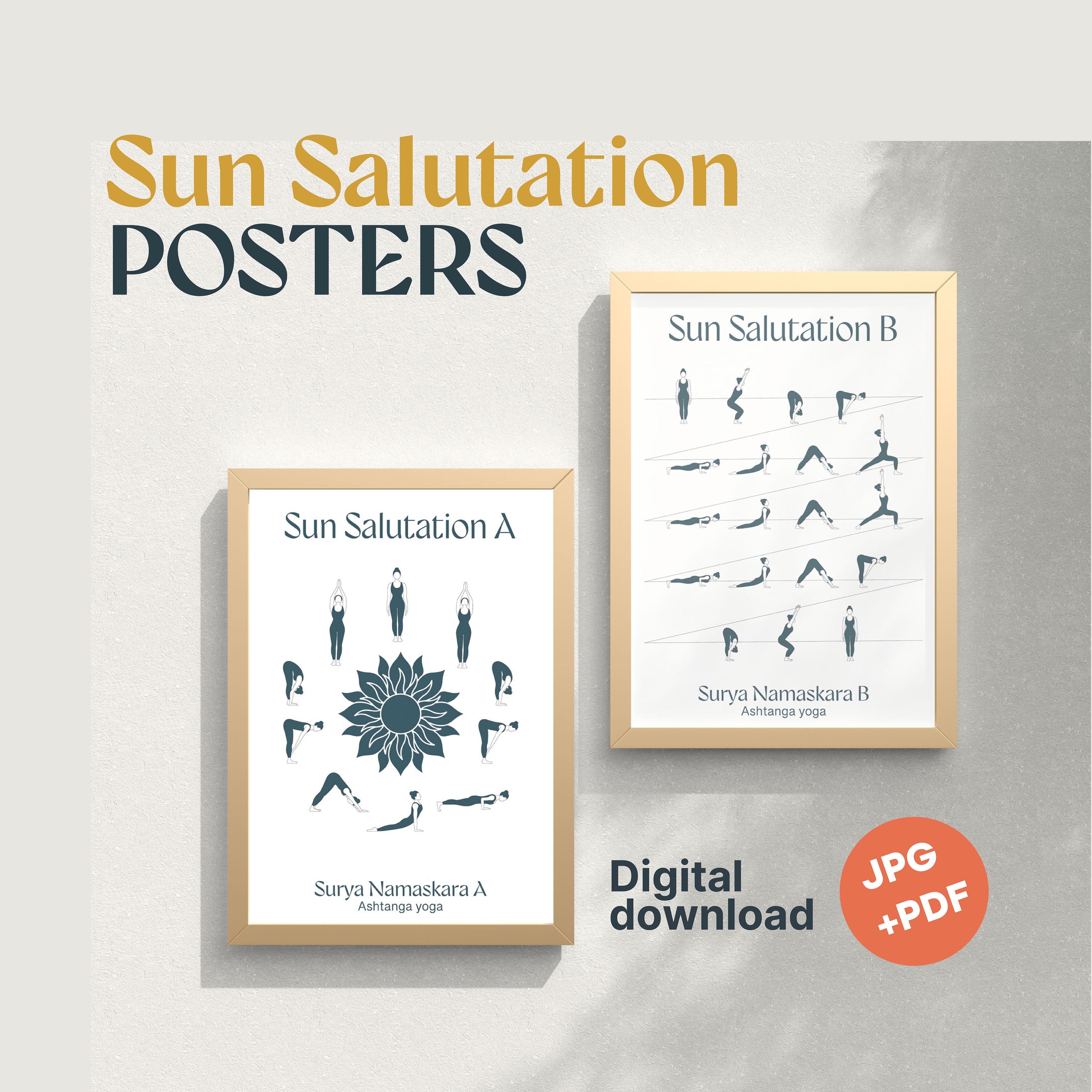 Two framed posters, with illustrated asanas for the sun salutation A and sun salutation B