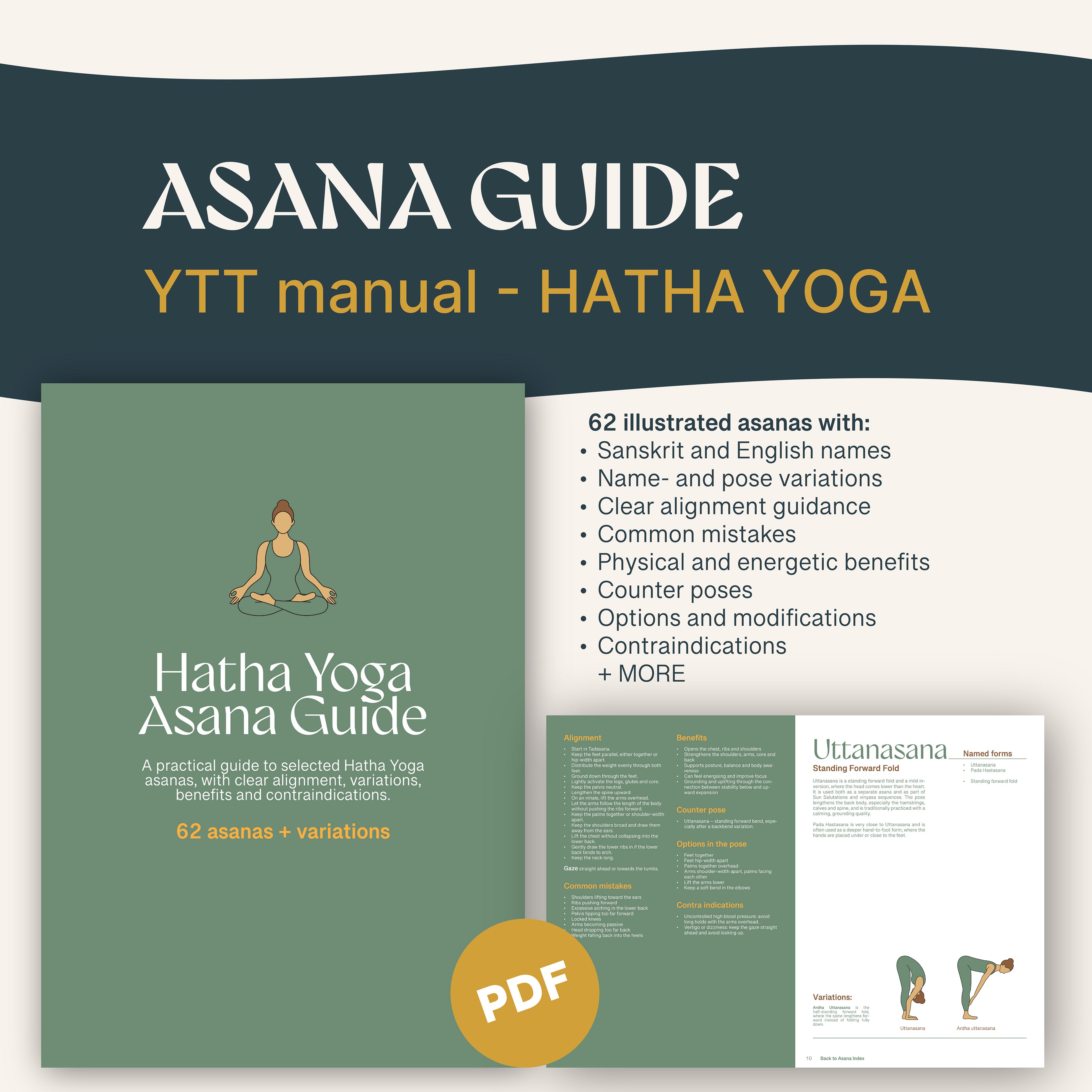 Cover of the hatha yoga asana guide and two pages from the manual showcasing the description of the uttanasana with its sanskrit and english name, variations, alignment guide, common mistakes, benefits, counter poses, options and modifications and contraindications