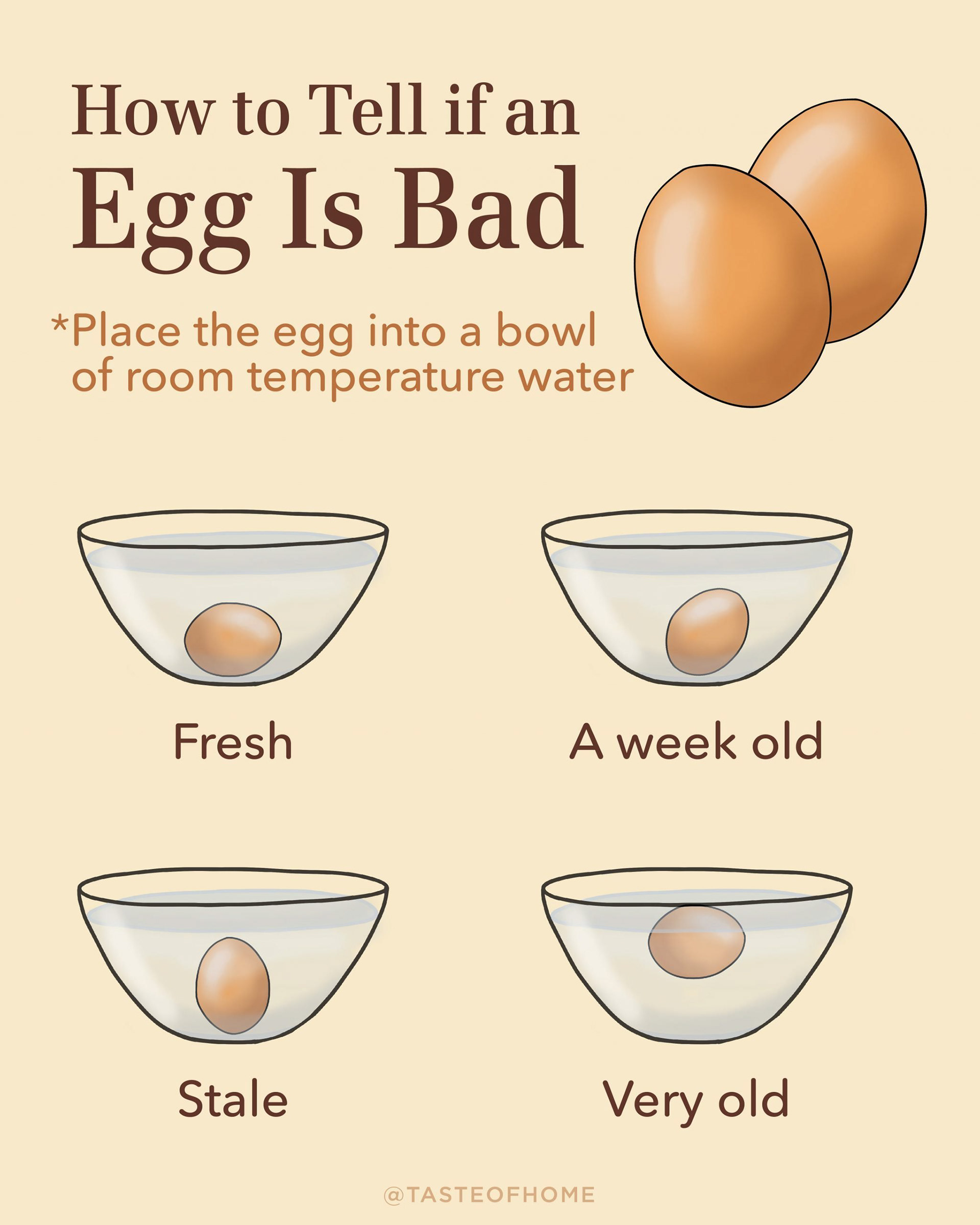 Graphic showing how to tell if an egg is bad. Original illustrations.