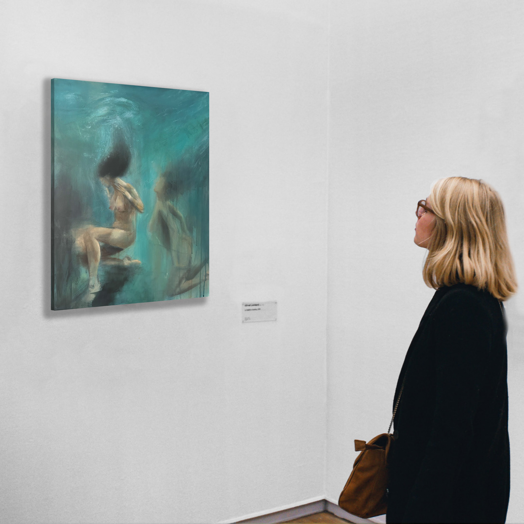 Figurative painting by New Zealand Artist Emma Jane Peers.  Gallery view of original art hanging at exhibition.