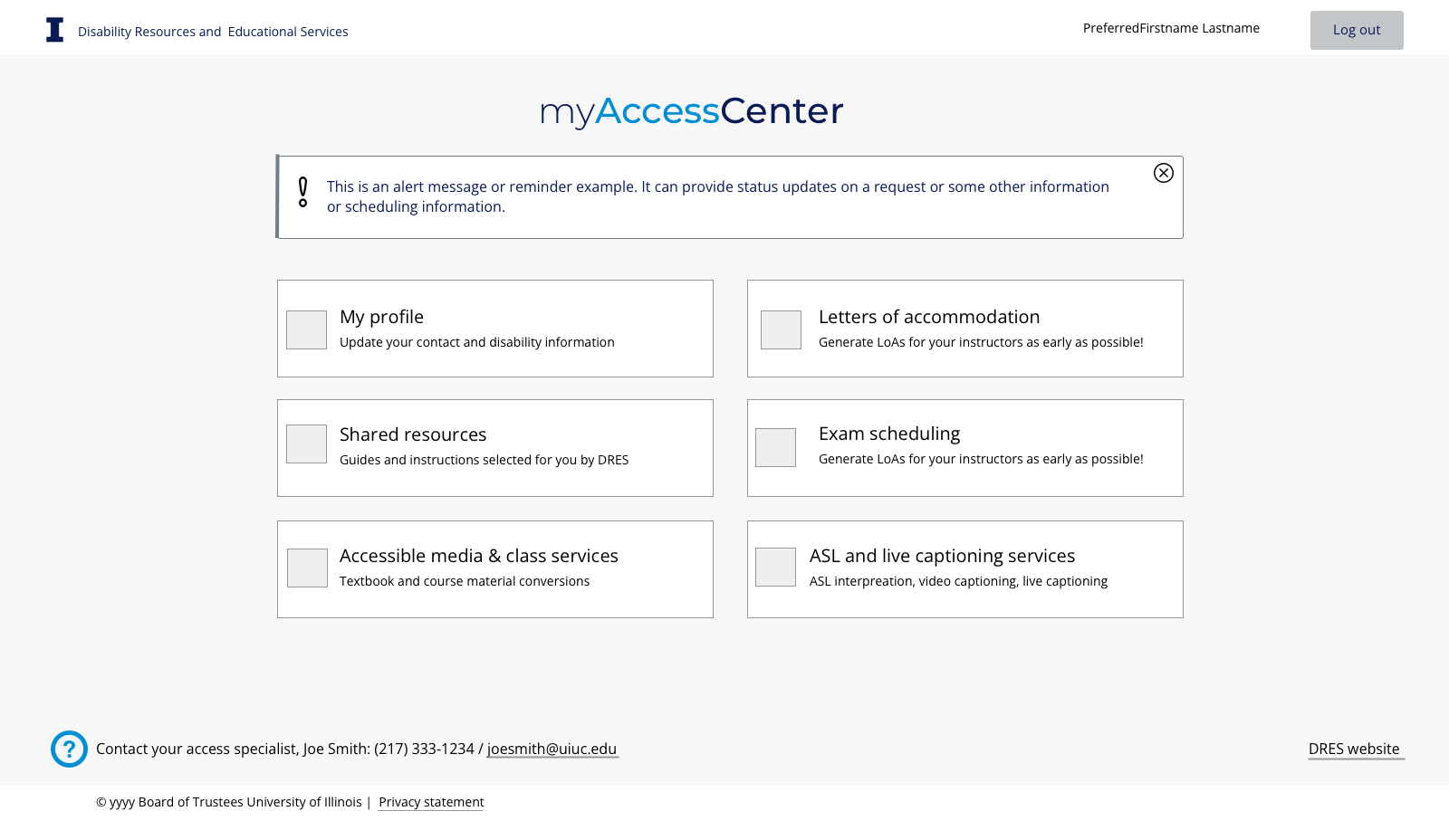 Wireframe of main student page for au access center