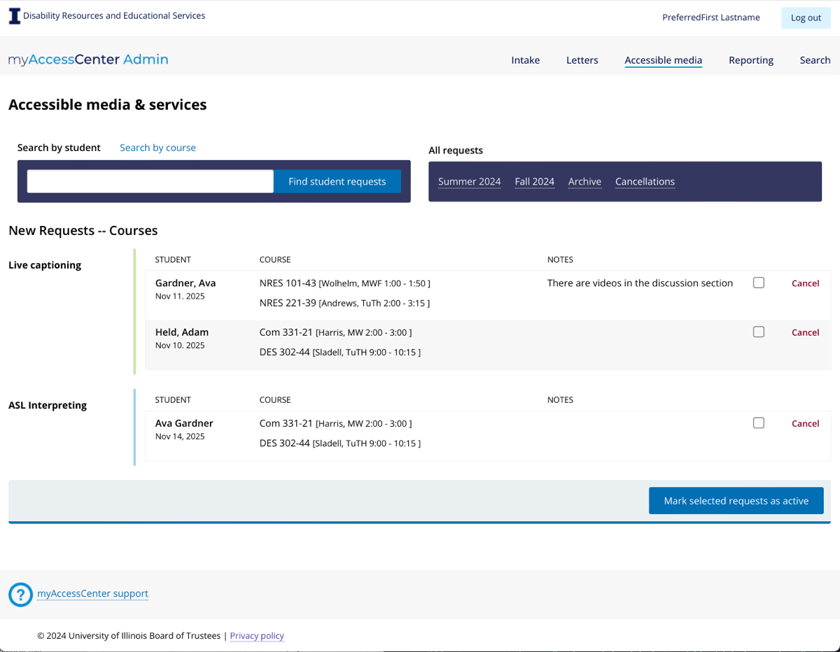 my Access Center admin section