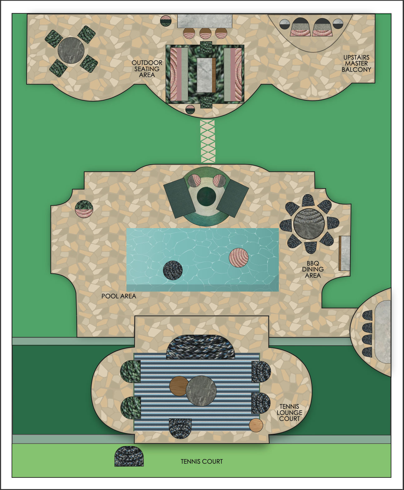 space planning, materials & color scheme concept for Tidelli Outdoor Living// Illustrator 