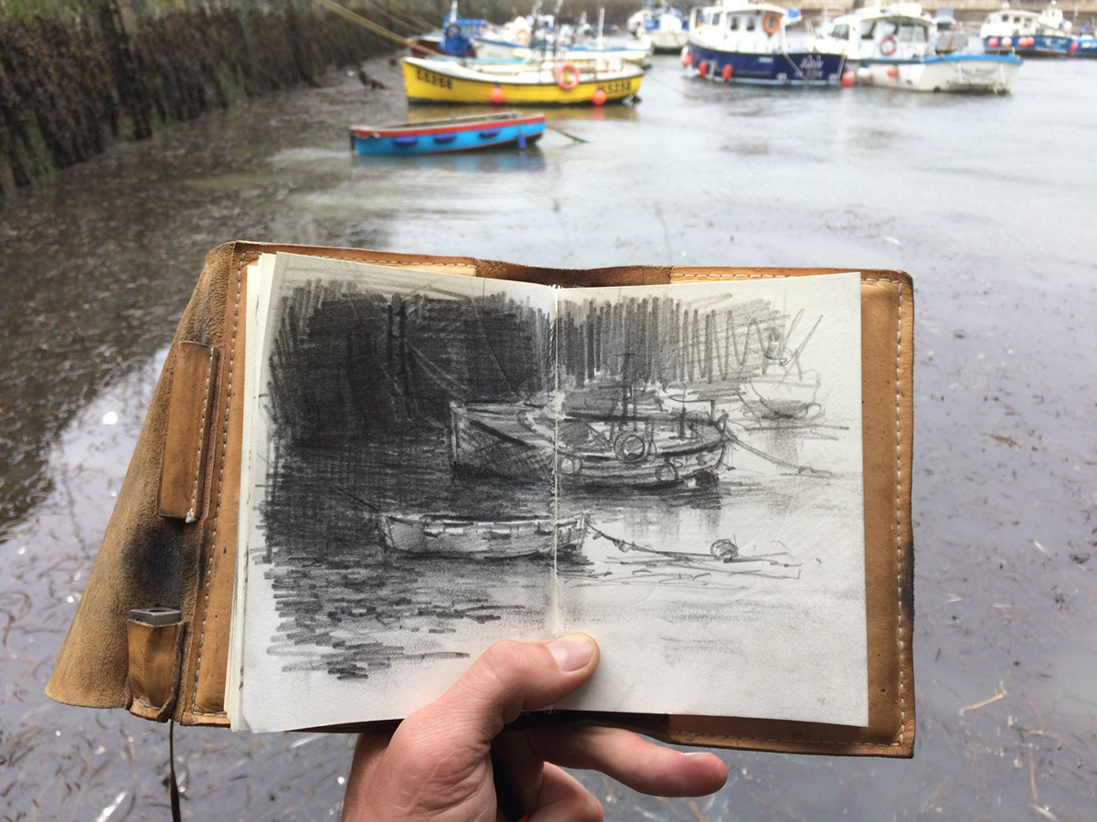 Porthleven harbour, pencil.