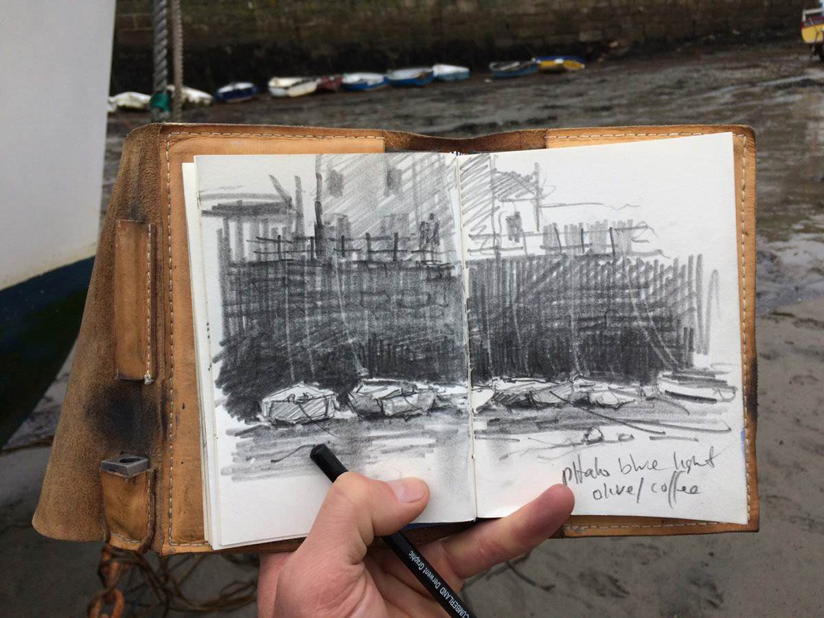 Porthleven harbour, pencil.