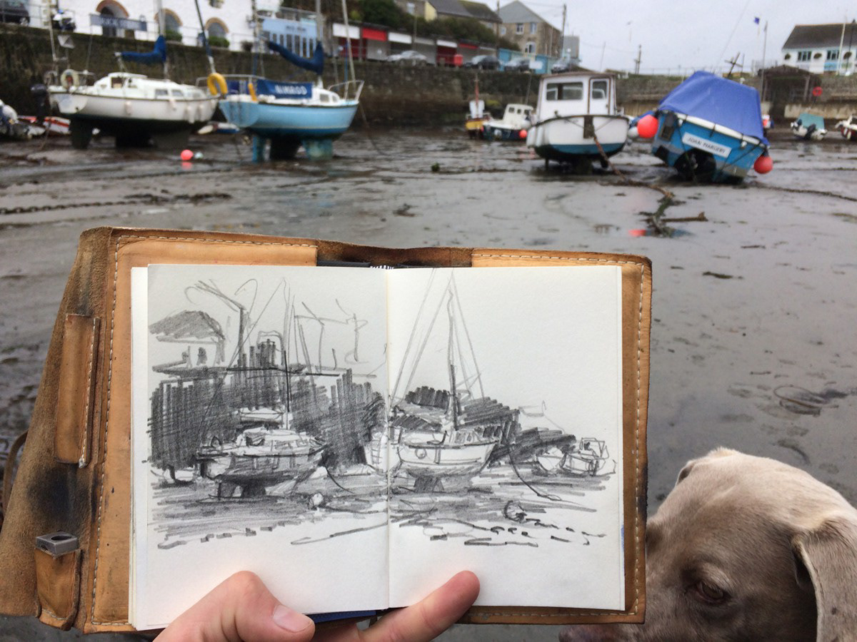 Porthleven harbour, pencil.