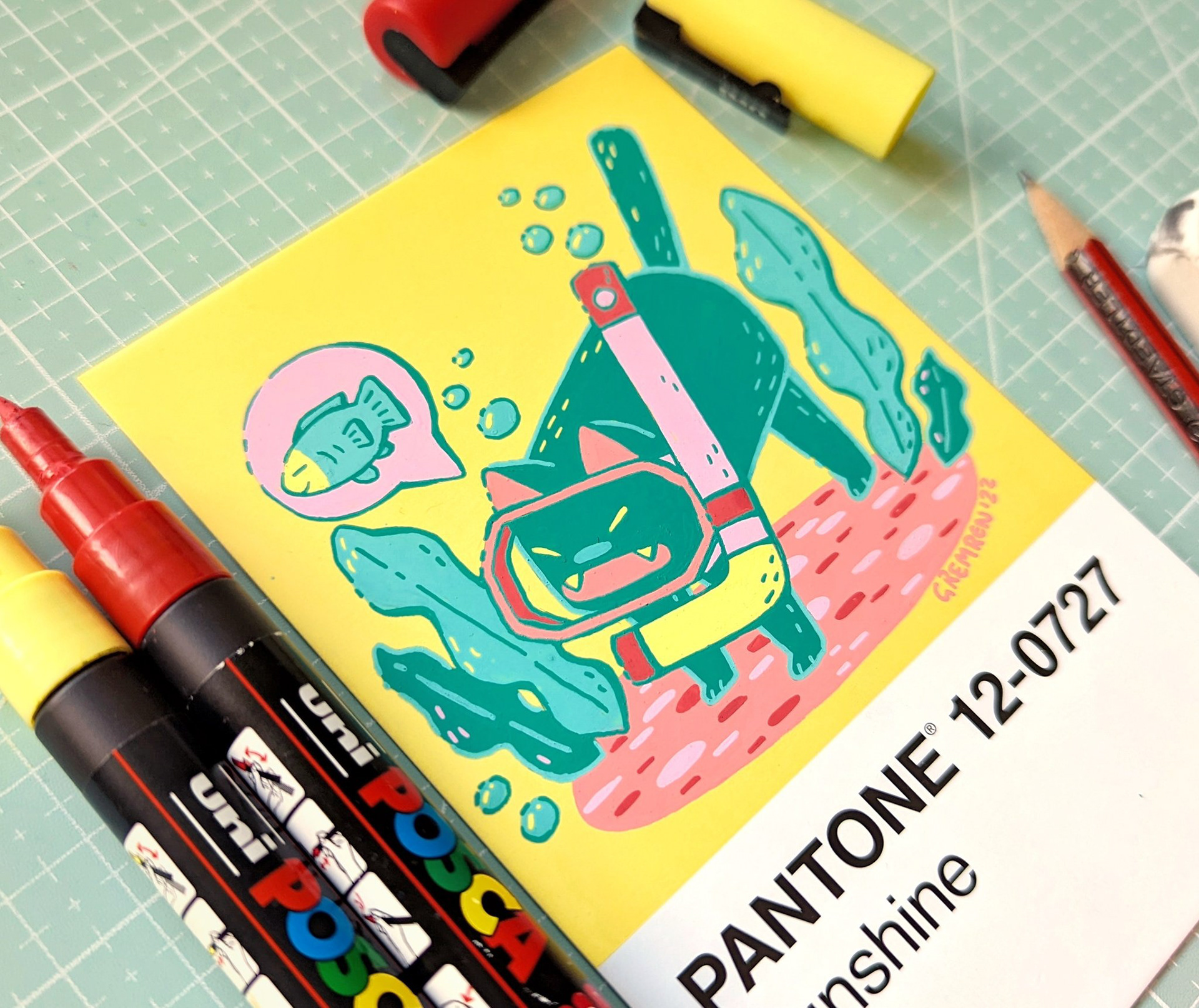 A Drawing with Uni Posca Markers on a painted Coaster