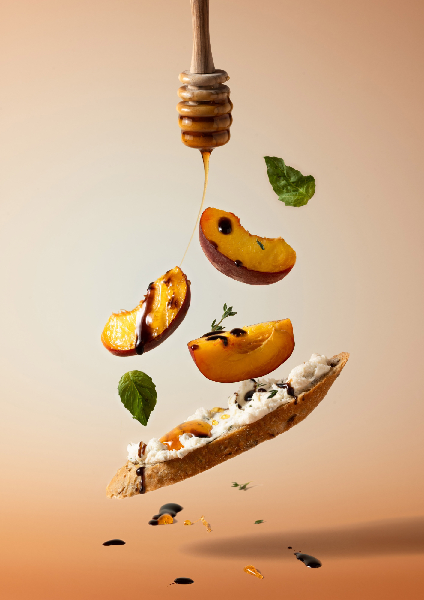 Creative food photography of a floating deconstructed pear crostini.