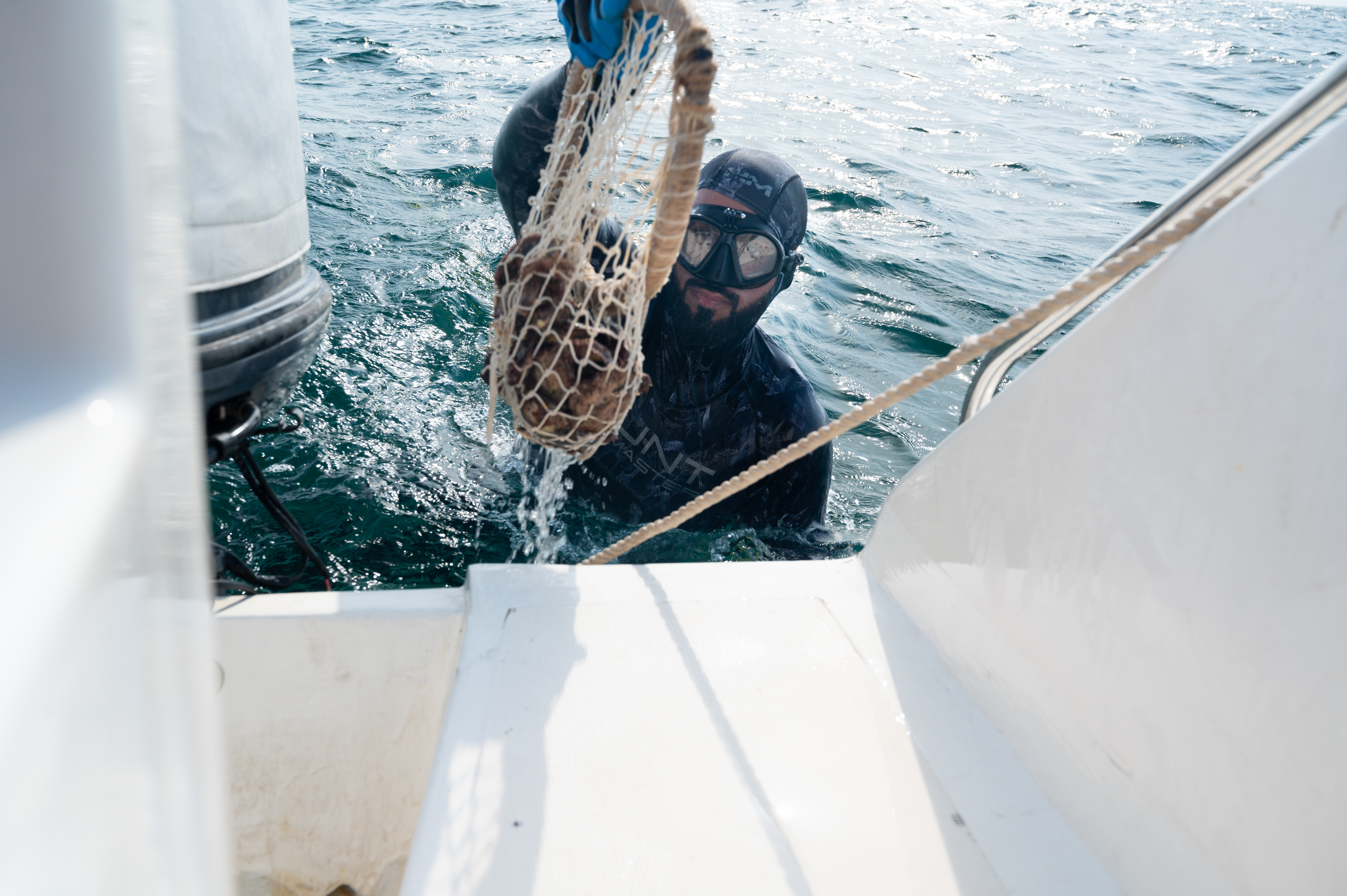 Mohammed Abdulla al-Sada dives without breathing equipment, carrying a net around his neck to collect oysters.