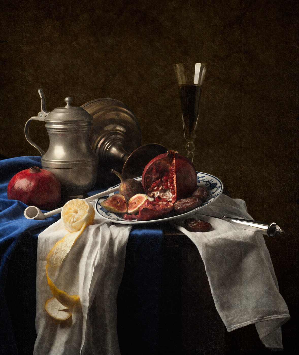 Stilleven met granaatappels en pijp