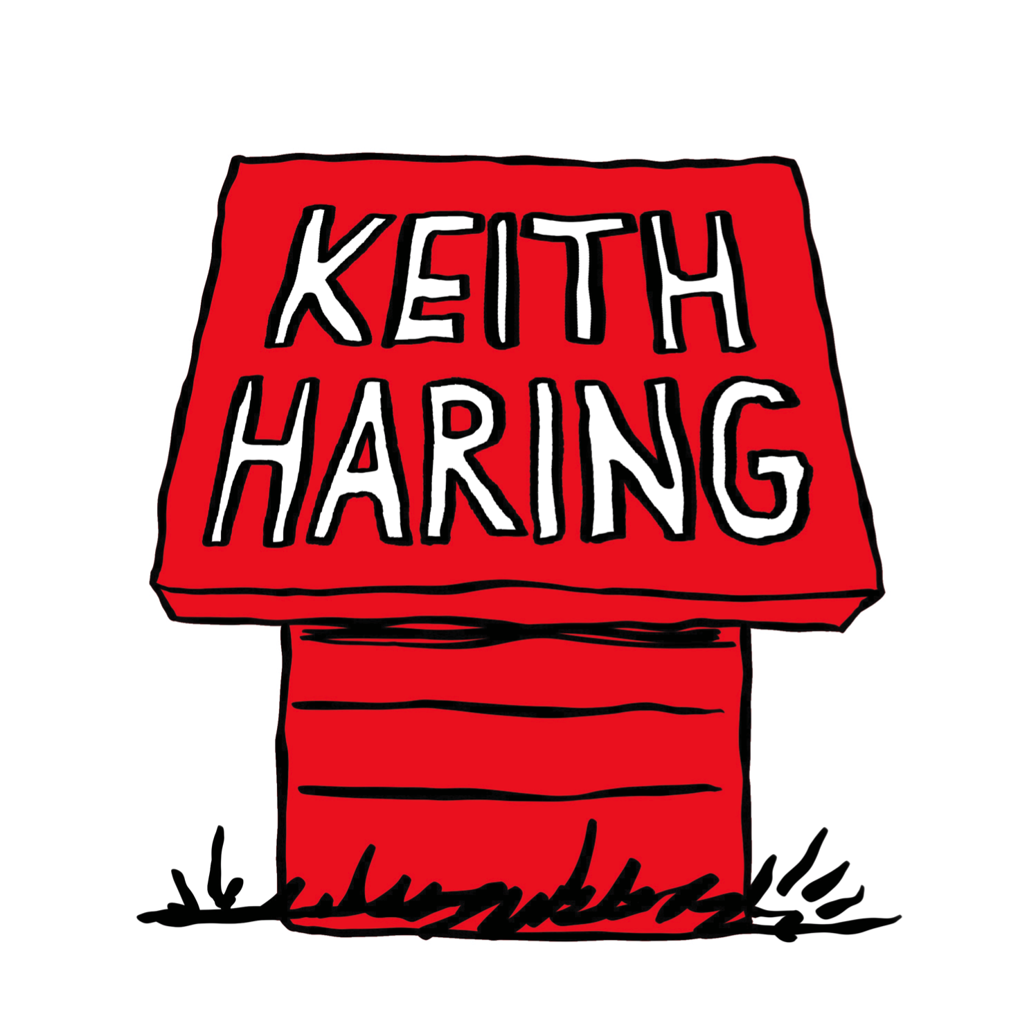 Container - The Peanuts comic created by Charles Schultz was another great source of inspiration for Haring. The strip provided him with an alternative style to Disney's and widened his perspective on drawing. This design is of Snoopy's dog house, while there's no dog lounging on top of it, the black and white, capitalized type, "KEITH HARING" alludes to that color scheme and boldness.