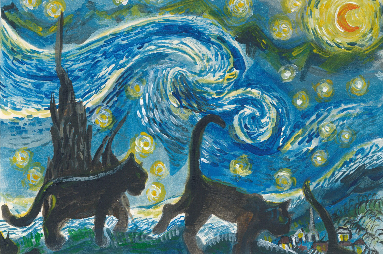 acrylic on watercolor paper - starry night cat ramdition