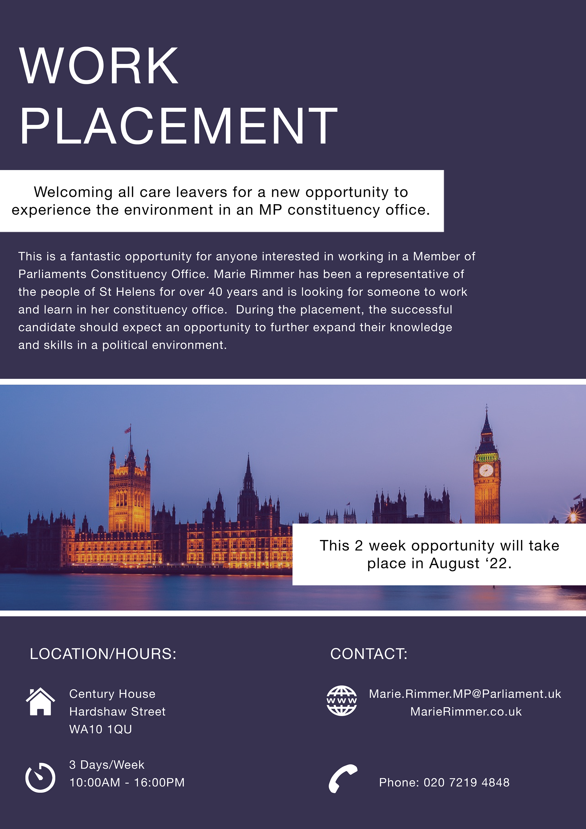A digital work placement advertisement that was sent out to constiuents
