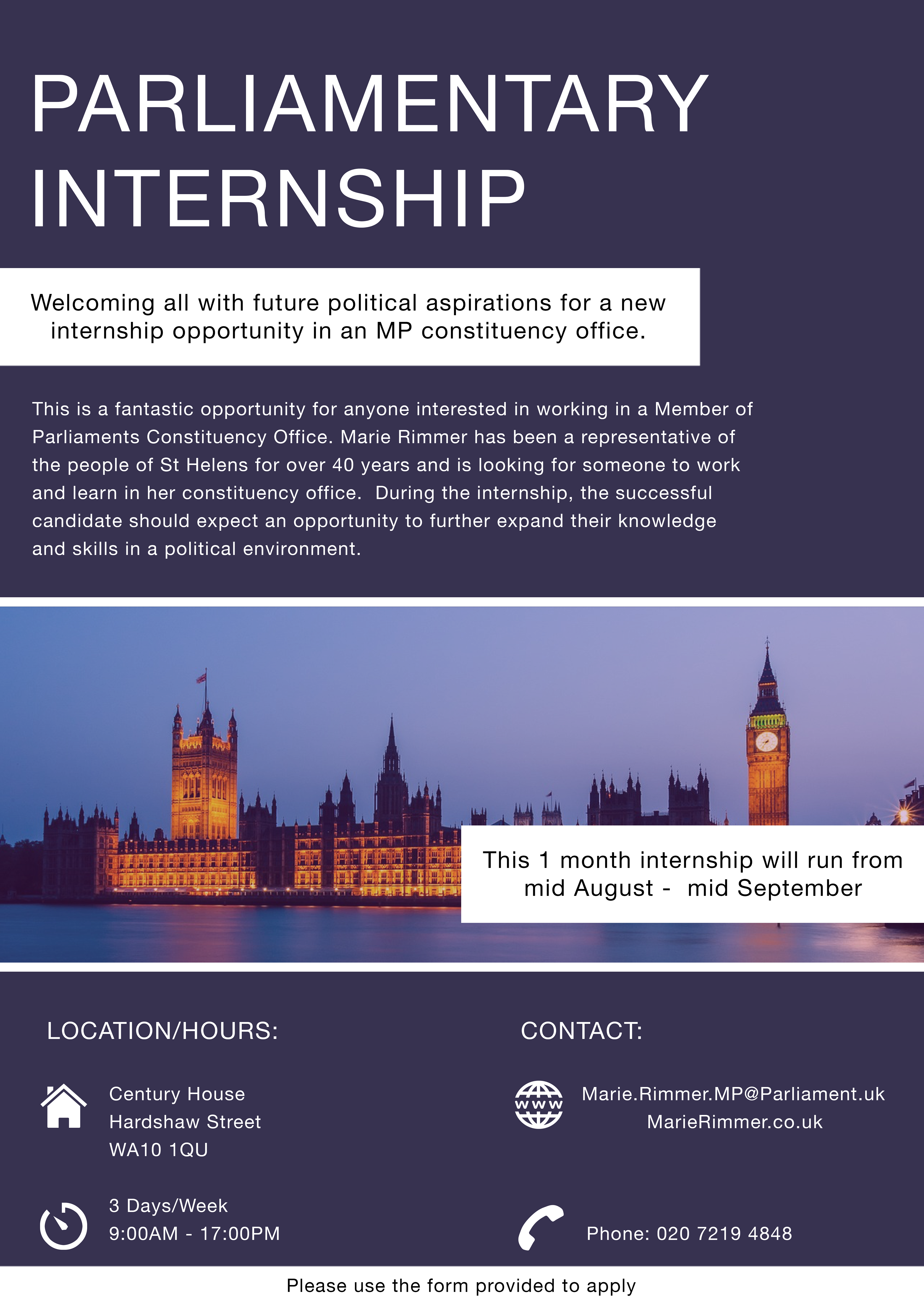 A digital internship advertisement that was sent out to constiuents