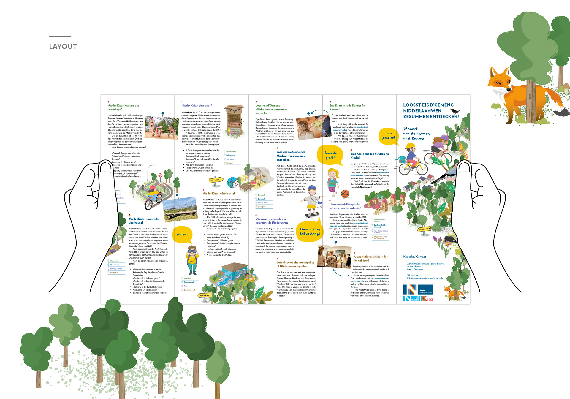 The image shows the back of the children's map for Niederanven. The back is the layout page and contains text in various languages: Luxembourgish, German, French, and English.