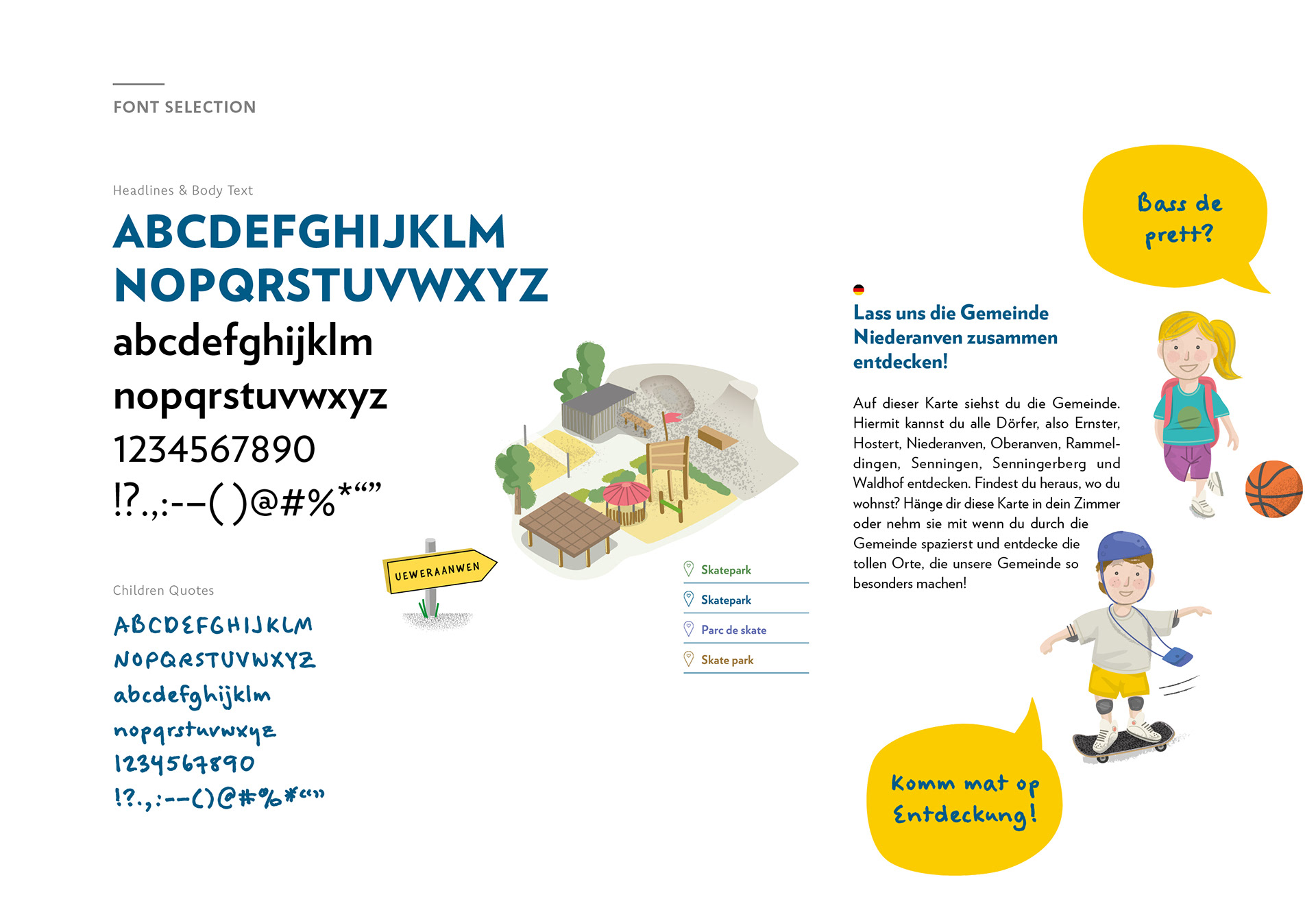 The image shows the font selection for the children's map for Niederanven. On the right, it shows a layout excerpt from the children's map for Niederanven. Around the text is an illustration of the Niederanven skate park and an illustration of a girl and boy talking to each other via speech bubbles.