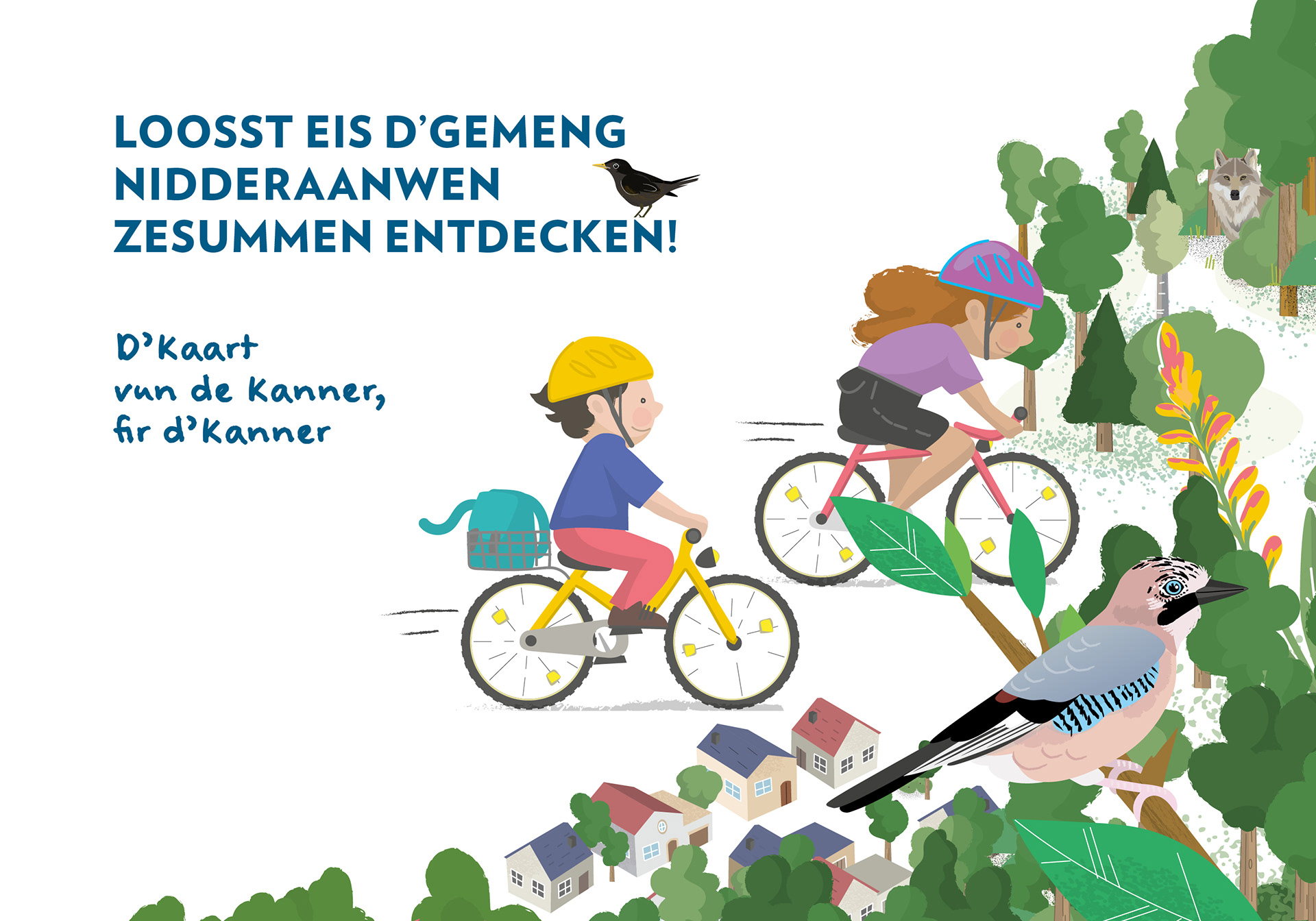 Illustration of two children riding their bikes in nature.