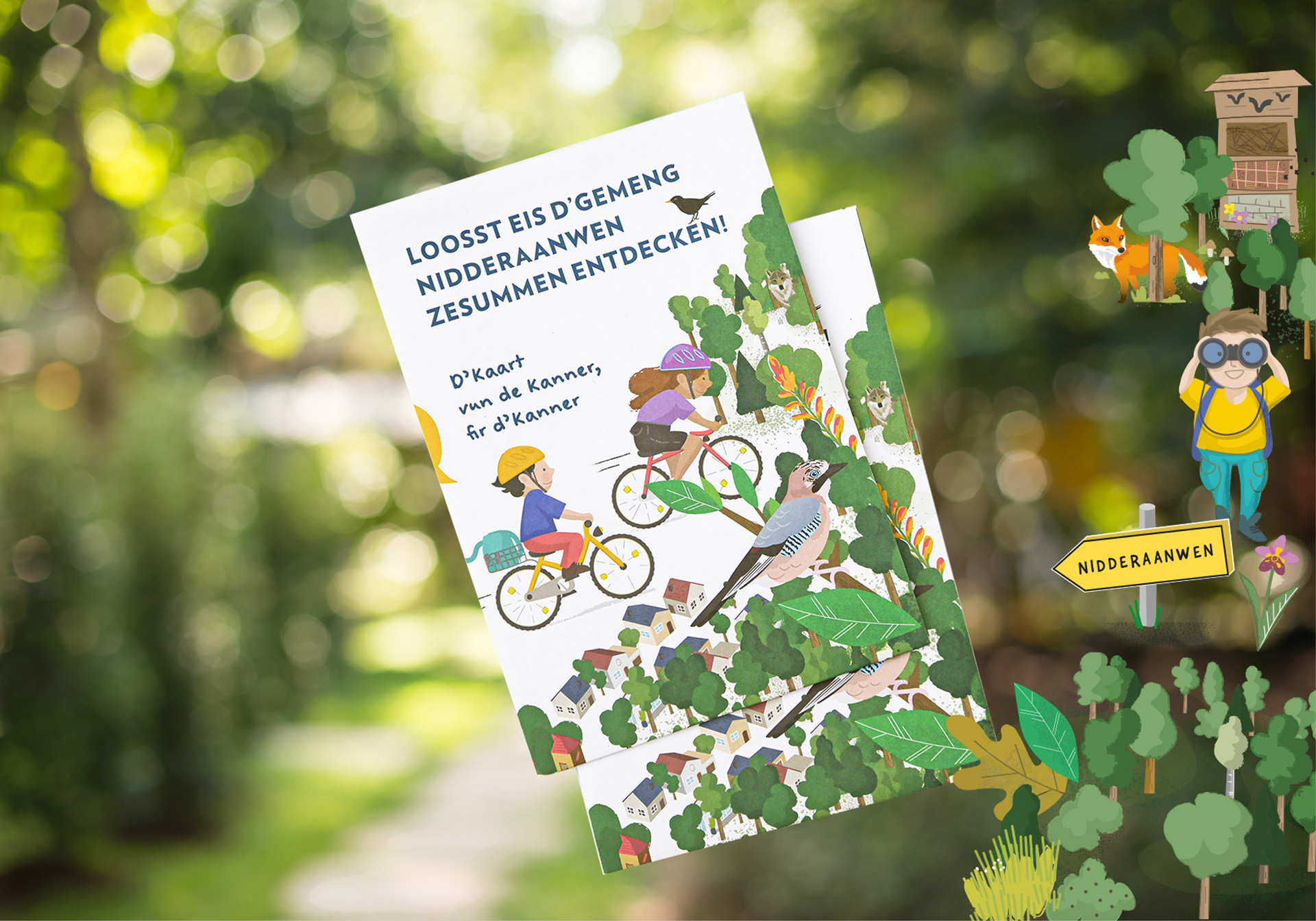 The picture shows the folded children's map of Niederanven. The cover features an illustration of two children riding their bikes in the countryside.