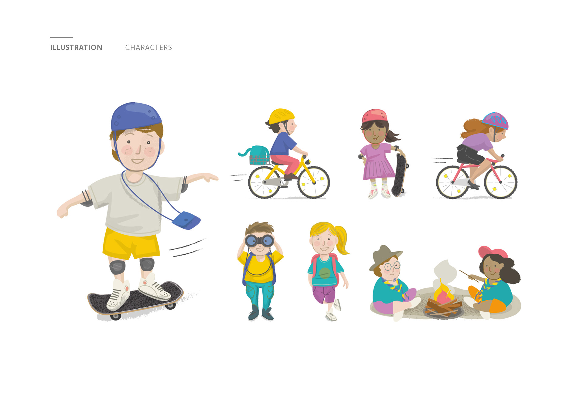 The illustration shows various children: a boy riding a skateboard, a boy and girl riding bicycles, a girl holding her skateboard, a boy looking through his binoculars, a girl smiling, two girls sitting around a campfire.