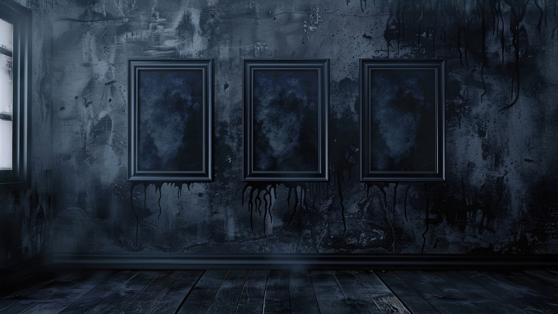 a blue room with three paintings depicting abstract hearts on the wall and moonlight flowing through a single window