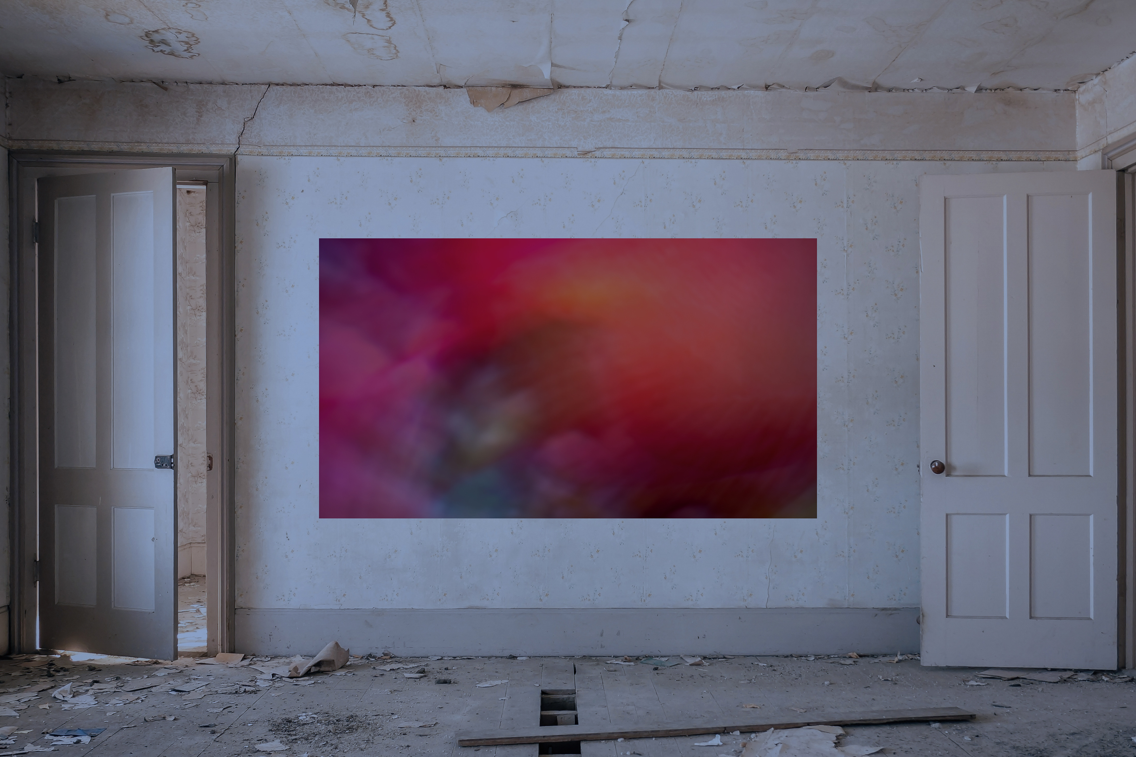 a large decaying abandoned room in neutral colors with two open doors with a large horizontal abstract painting of a colorful landscape on one wall