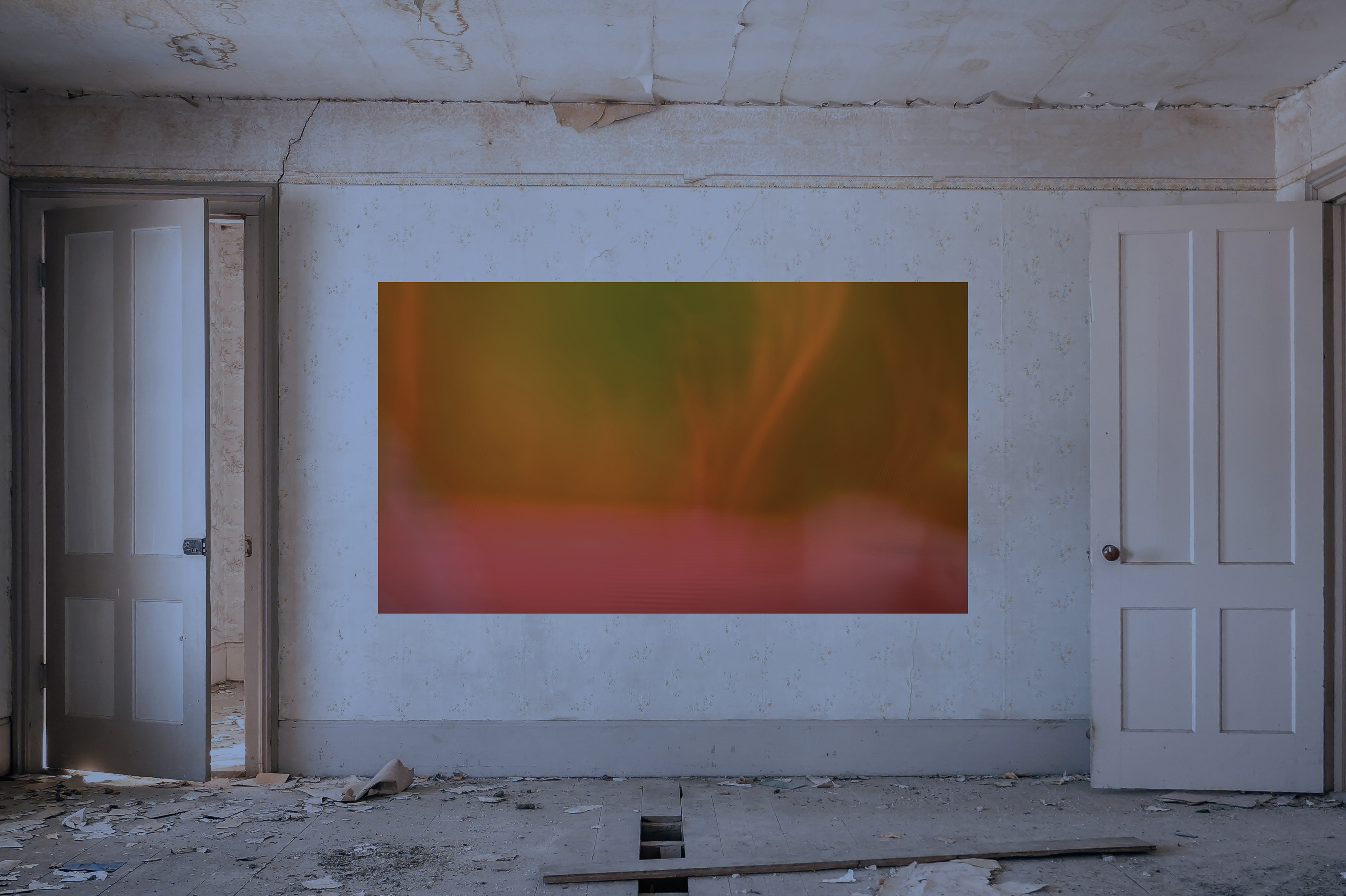 a large decaying abandoned room in neutral colors with two open doors with a large horizontal abstract painting of a colorful landscape on one wall