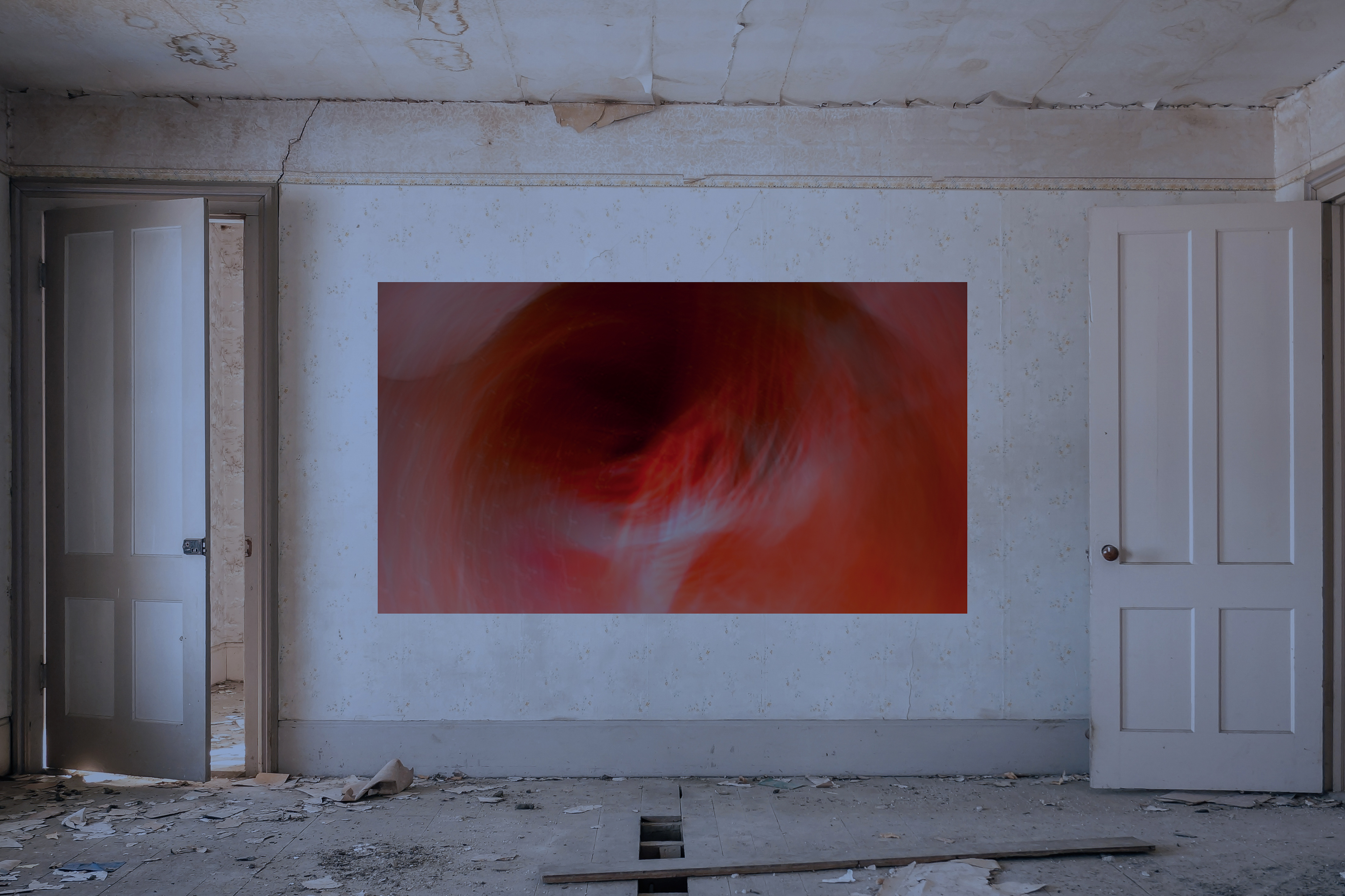 a large decaying abandoned room in neutral colors with two open doors with a large horizontal abstract painting of a colorful landscape on one wall