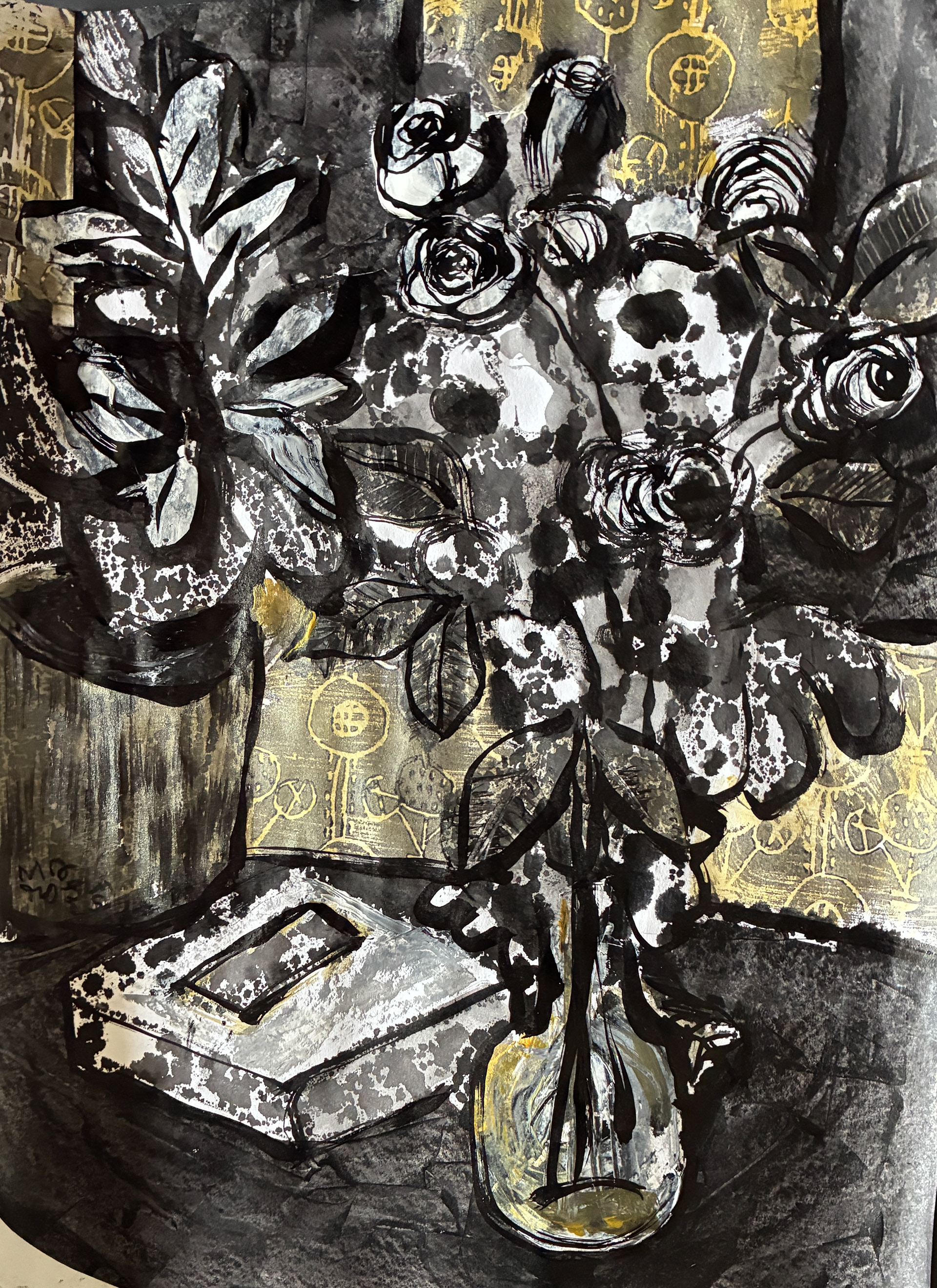 M4 / Floral Composition in Black, White, and Gold, 16 x 22, sale price, $400