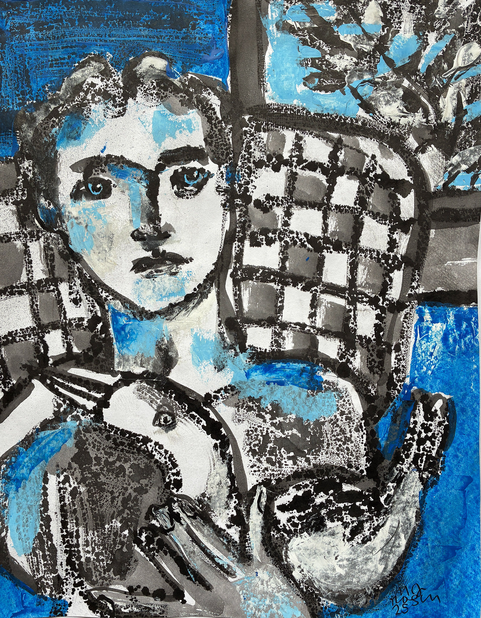 M6 / Figure with Checkered Chair and Bird, 16 .x 20, sale price, $400