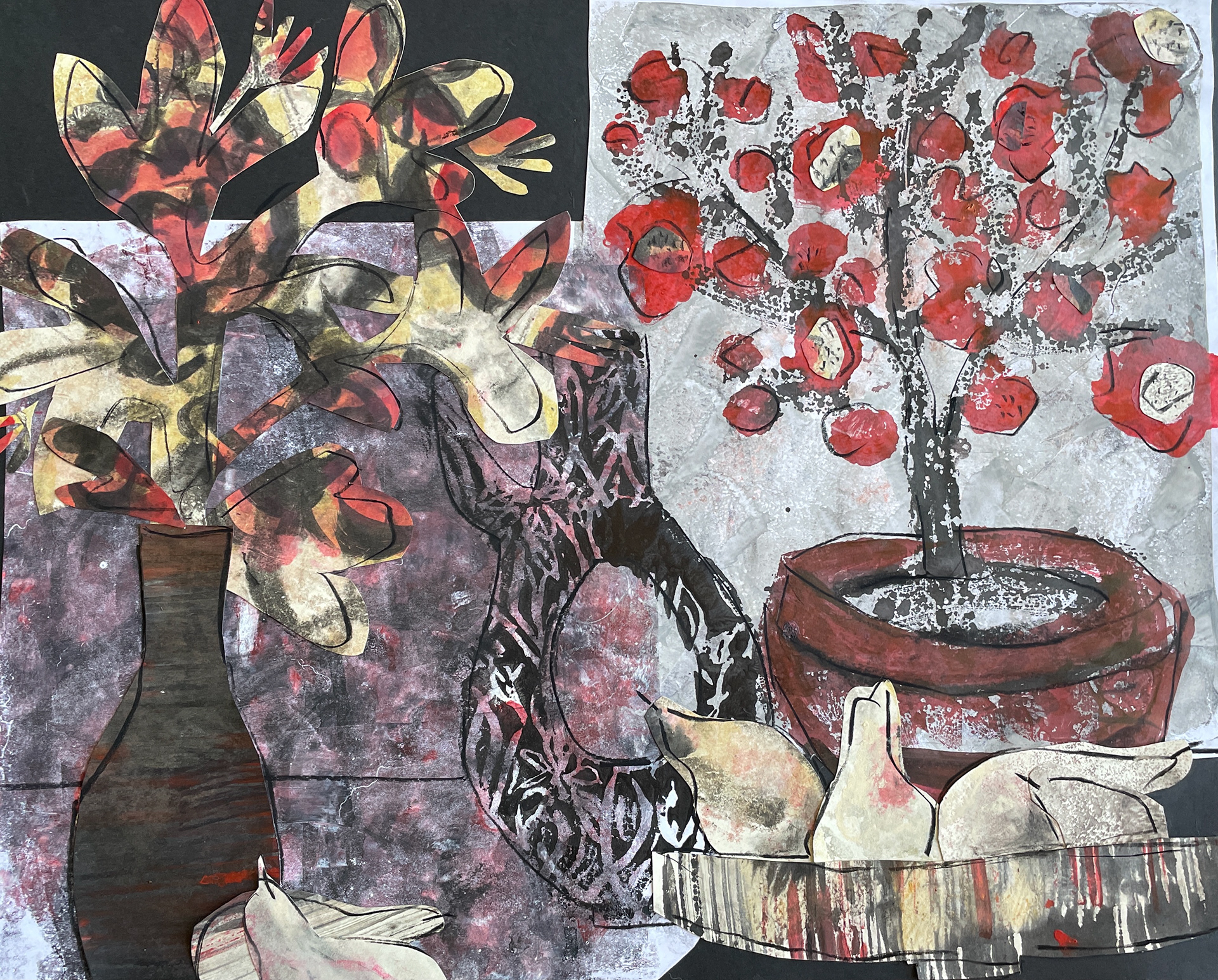 C1 / Pomegranate Tree with Supporting Figures, 24 x 18 collage, sale price, $600. 