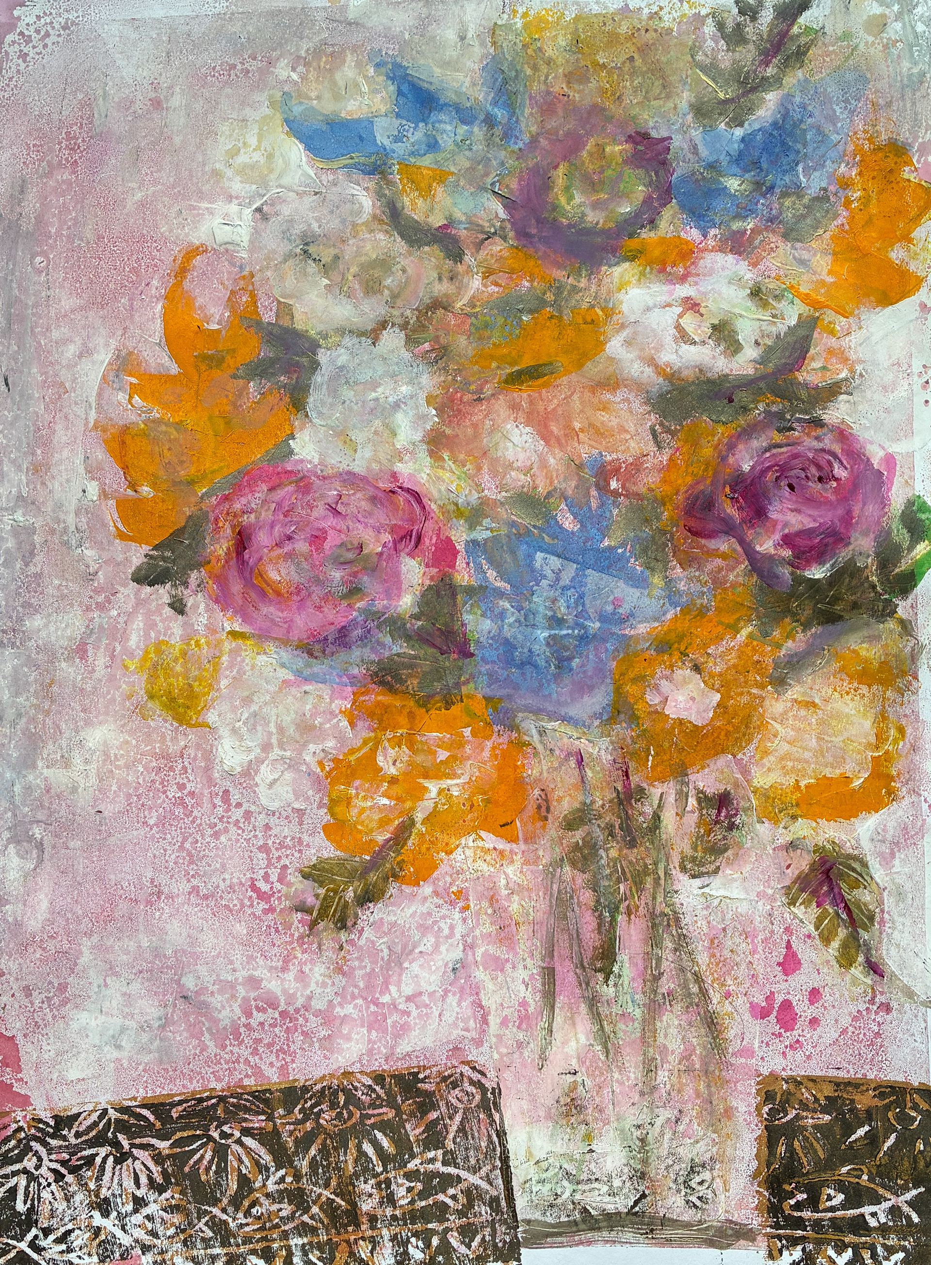 M3 / Pastel Bouquet with Fish-Patterned Tablecloth, 14 x 20, sale price, $375