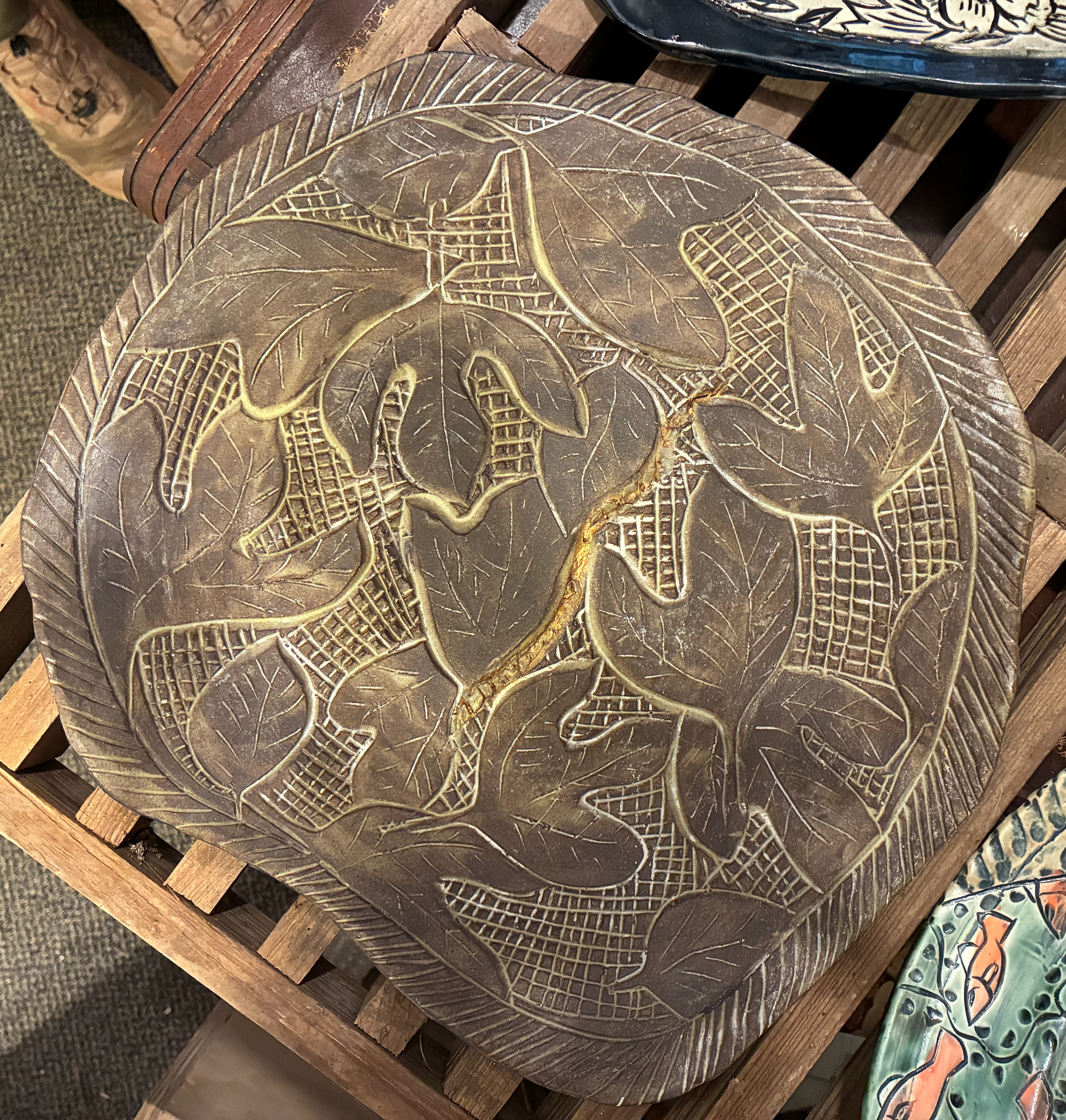 C2 / Charger with Sassafras Leaves, 16", with kintsugi (gold leaf), sale price, $300