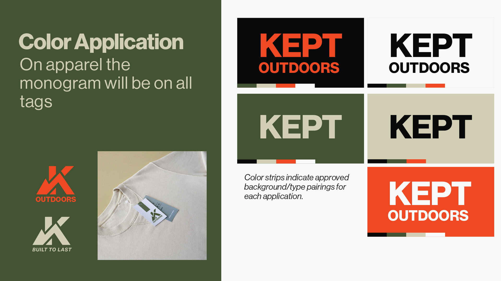 Color Application spread — apparel tags and KEPT Outdoors lockups  Color application guide showing the KEPT Outdoors monogram on apparel tags, plus four lockup variations in black, olive, bone, and orange colorways