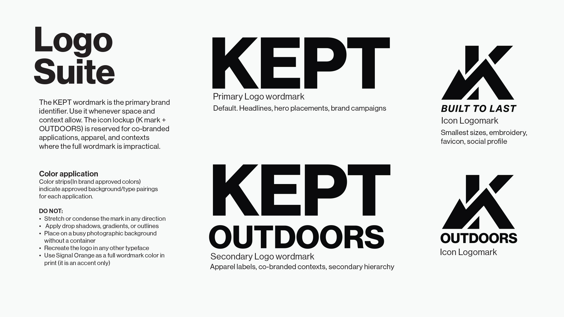 Logo Suite — wordmark and icon lockups  KEPT logo suite showing the primary wordmark, the "KEPT OUTDOORS" secondary wordmark, and the K-mountain icon logomark paired with the "Built to Last" tagline, with usage and do-not-use rules